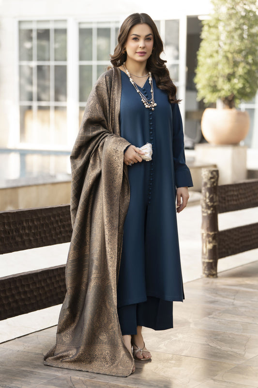 Teal Blue Dhanak Long Dress with Multani Winter Shawl by Gul Warun GSR9