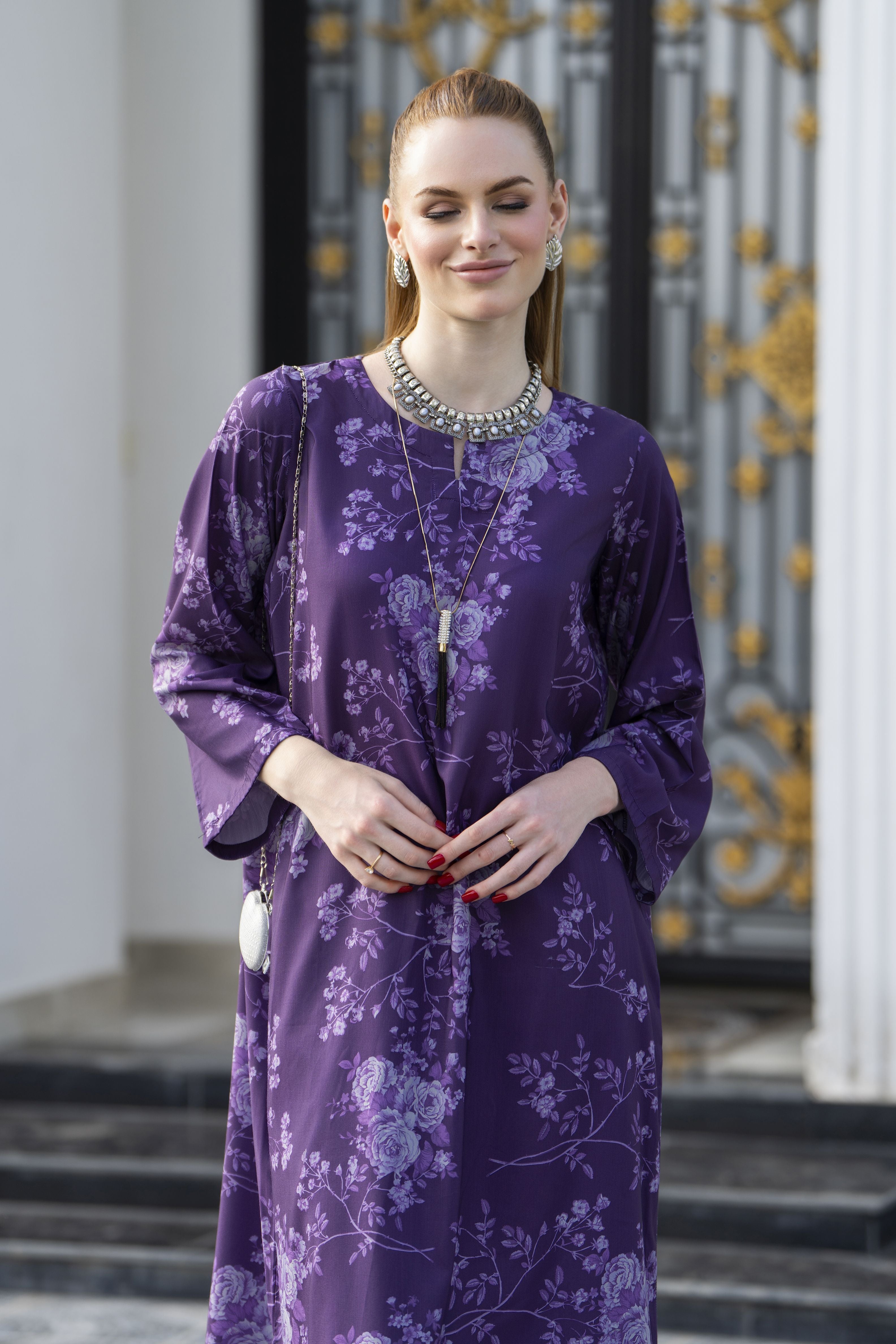 Sakeena Sheen Purple Floral Printed Poly Raw Silk 2pc Kaftan – SHH3