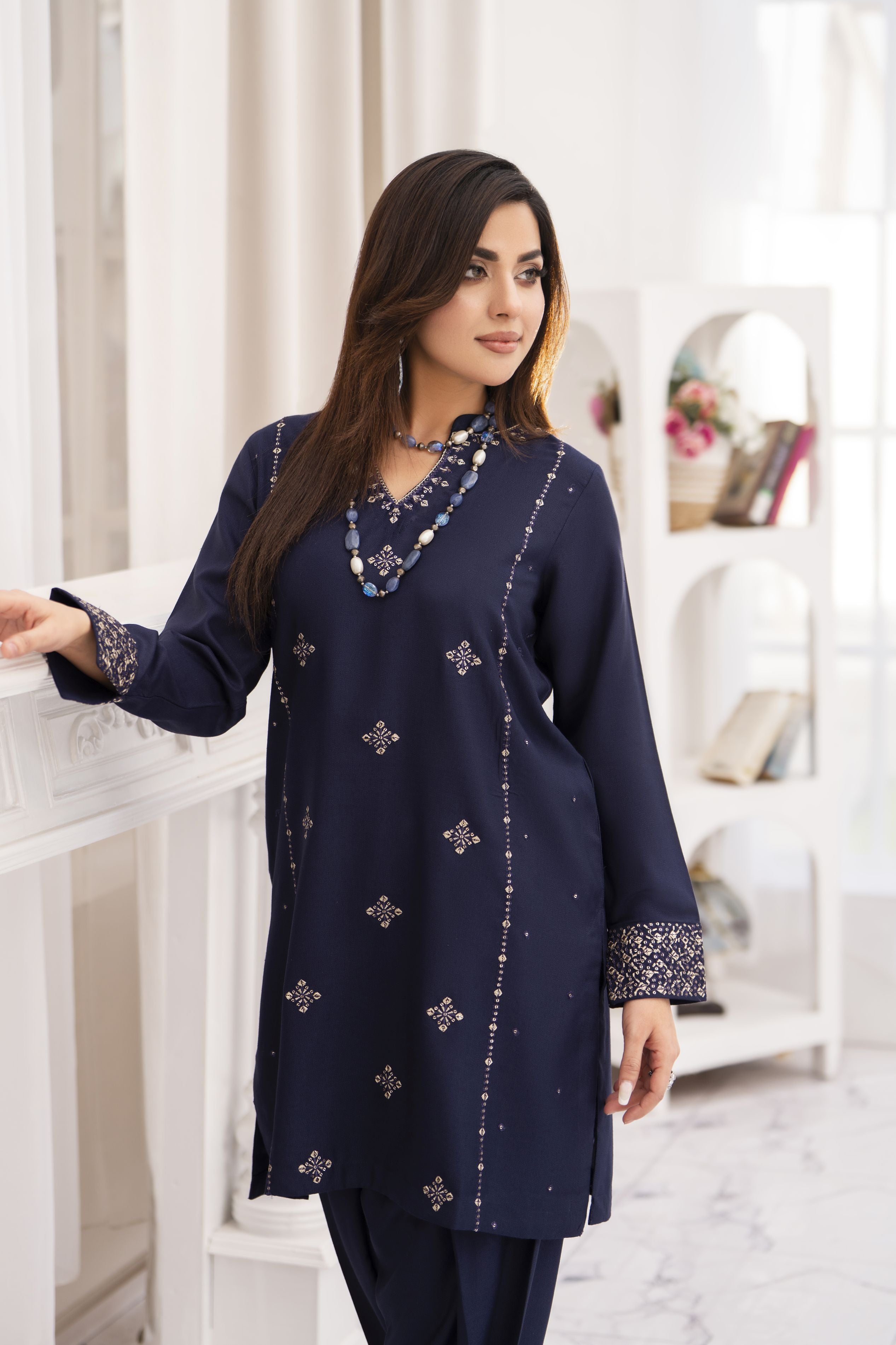 Miski FrostFit – Navy Embroidered Dhanak 2pc Pakistani Dress FFM6