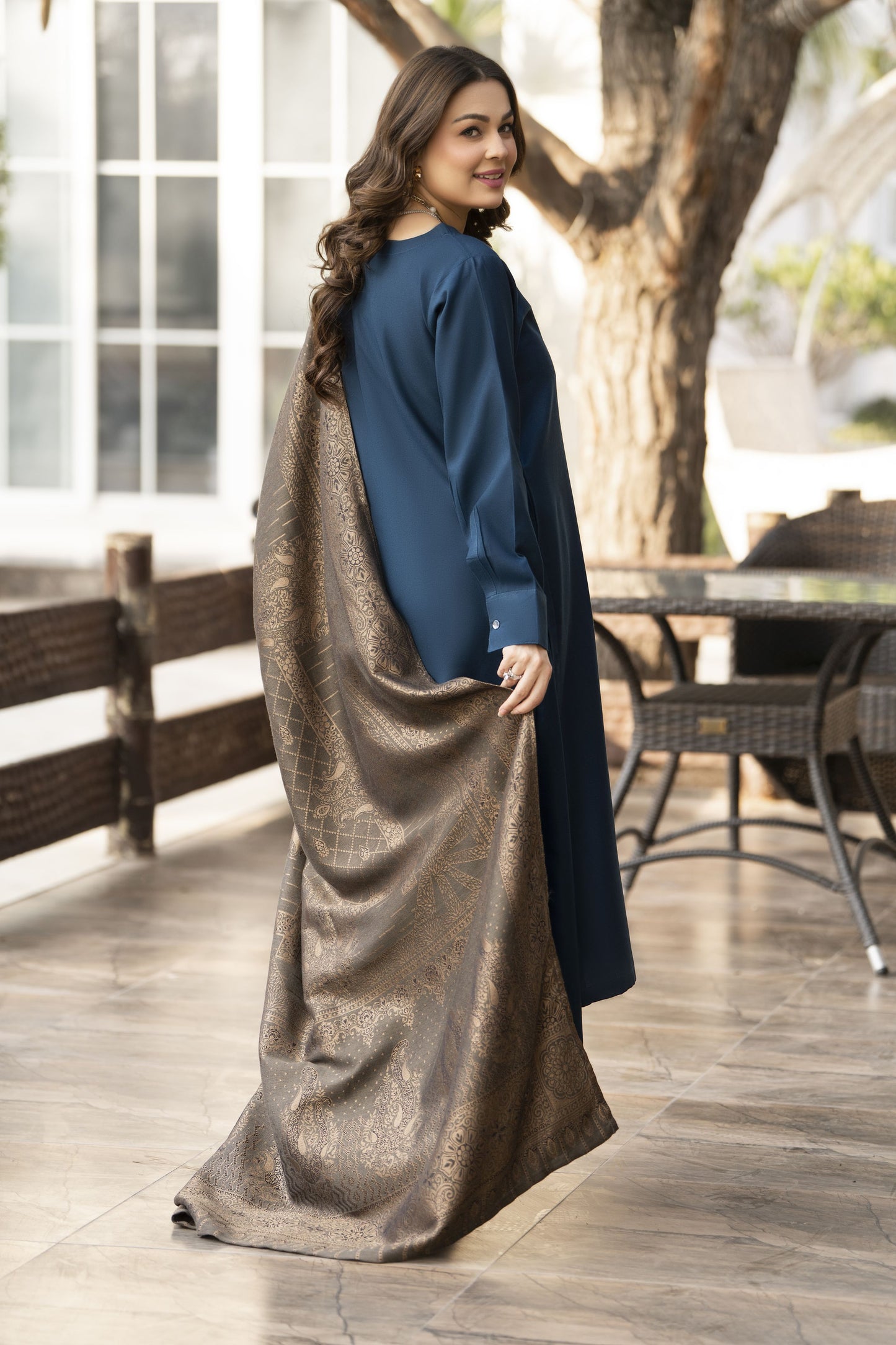 Teal Blue Dhanak Long Dress with Multani Winter Shawl by Gul Warun GSR9