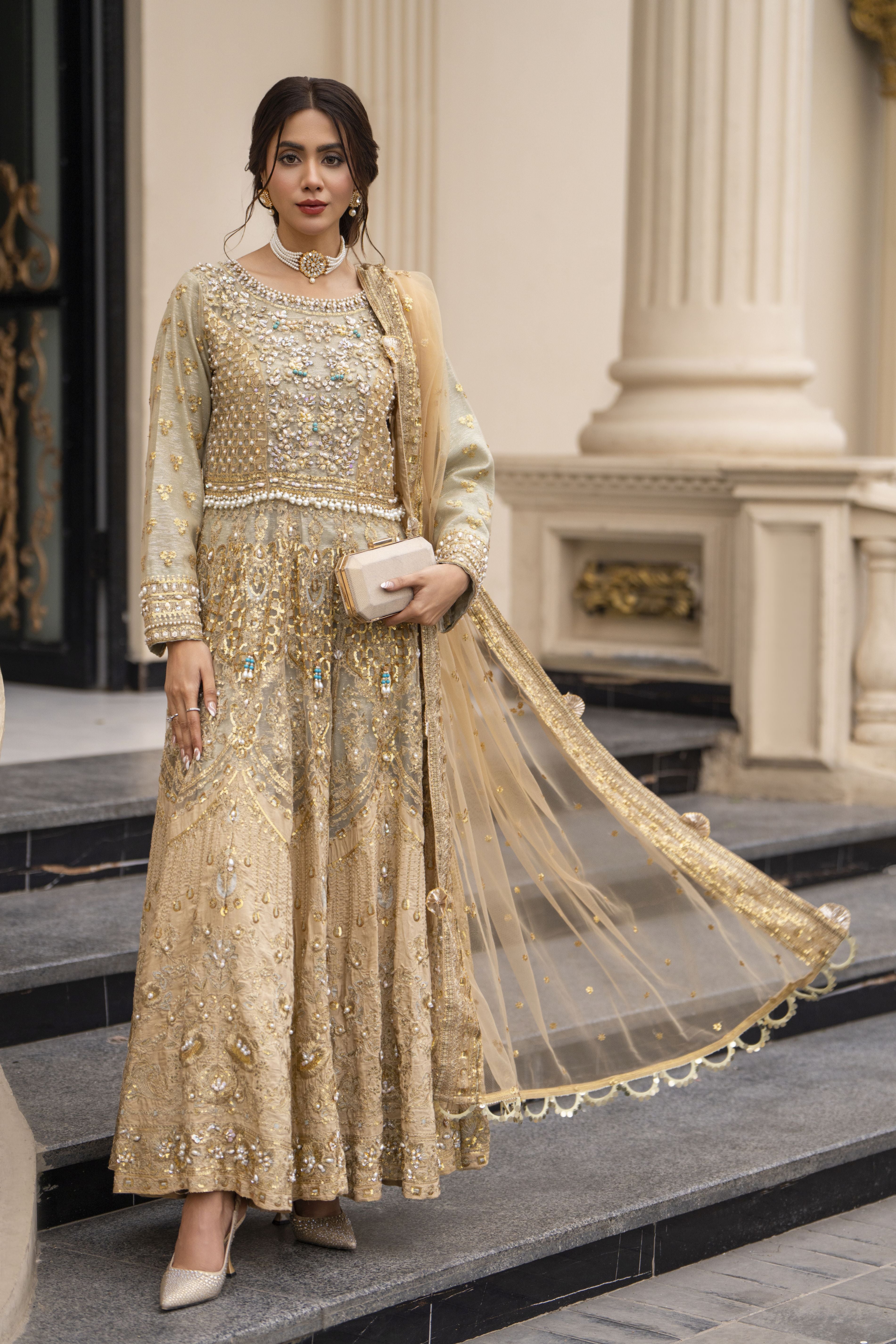 Zaiwaraat by Arwah Embroidered Maxi Dress with Straight Trousers & Dupatta ZWR05