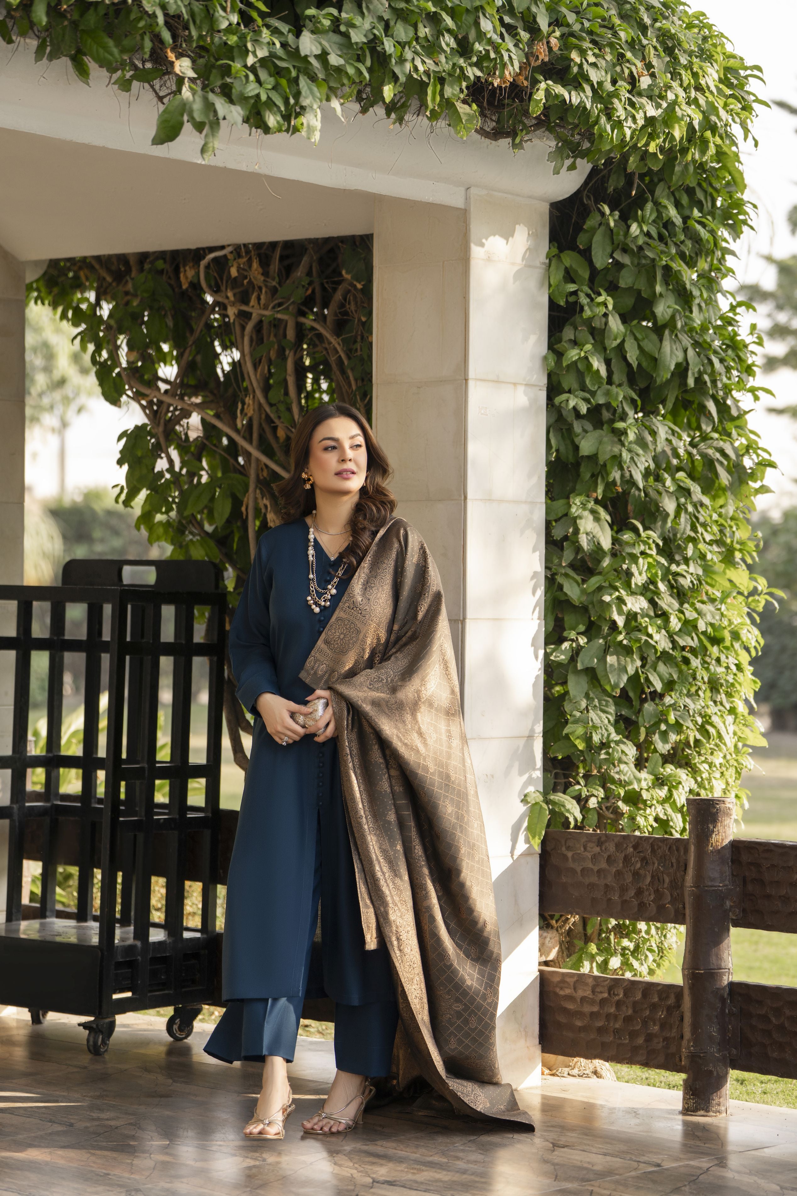 Teal Blue Dhanak Long Dress with Multani Winter Shawl by Gul Warun GSR9