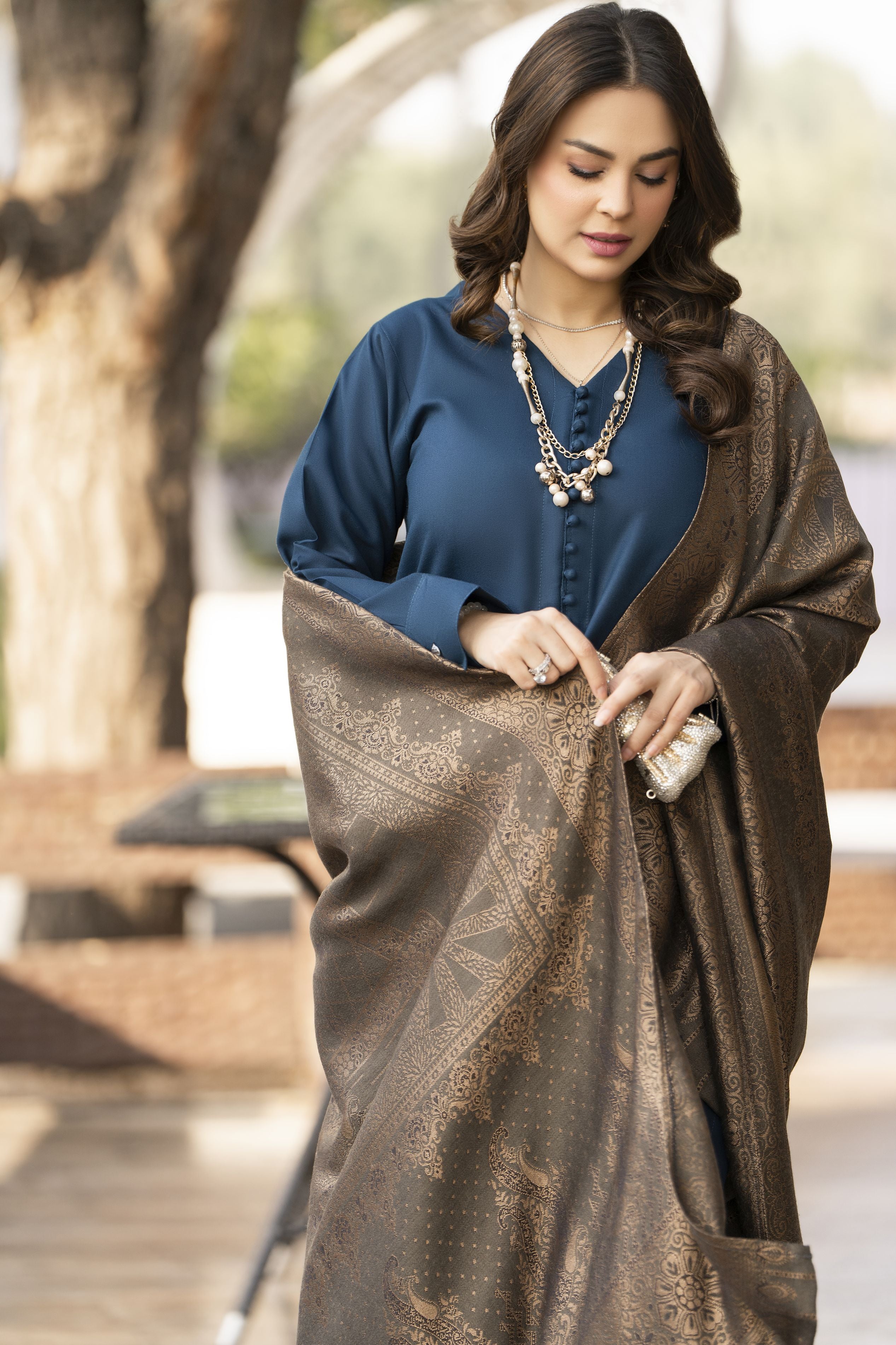 Teal Blue Dhanak Long Dress with Multani Winter Shawl by Gul Warun GSR9