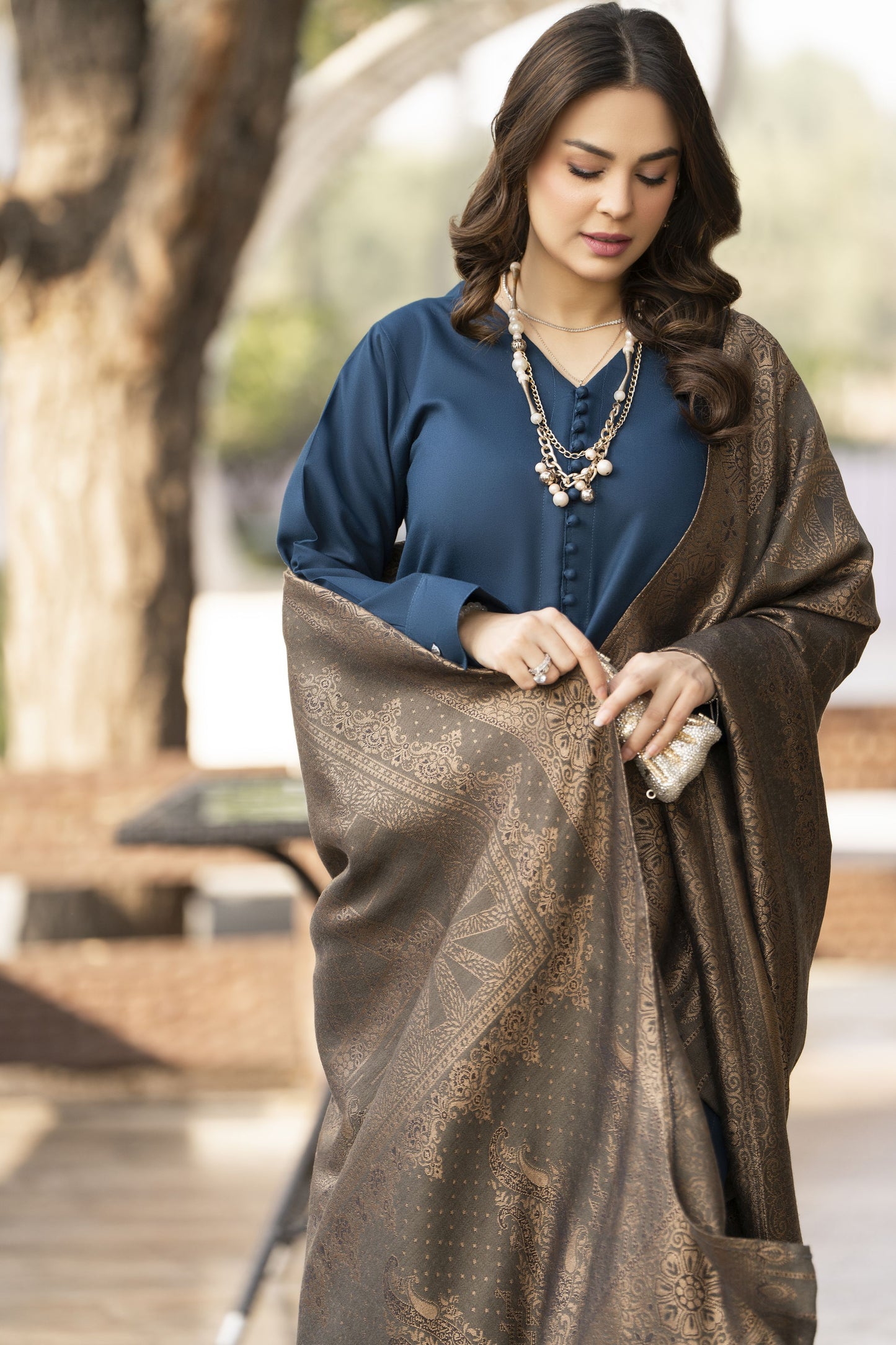 Teal Blue Dhanak Long Dress with Multani Winter Shawl by Gul Warun GSR9