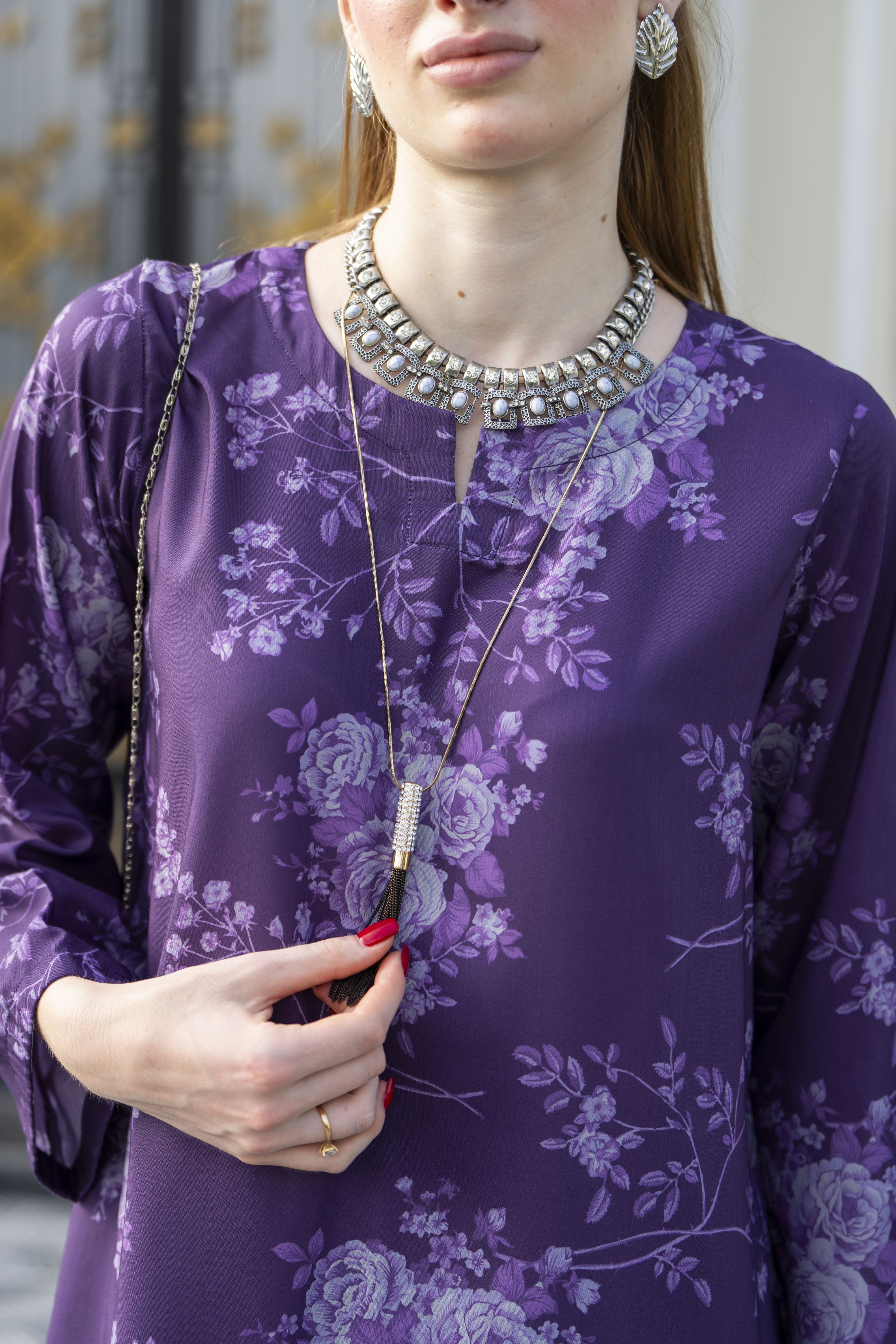 Sakeena Sheen Purple Floral Printed Poly Raw Silk 2pc Kaftan – SHH3