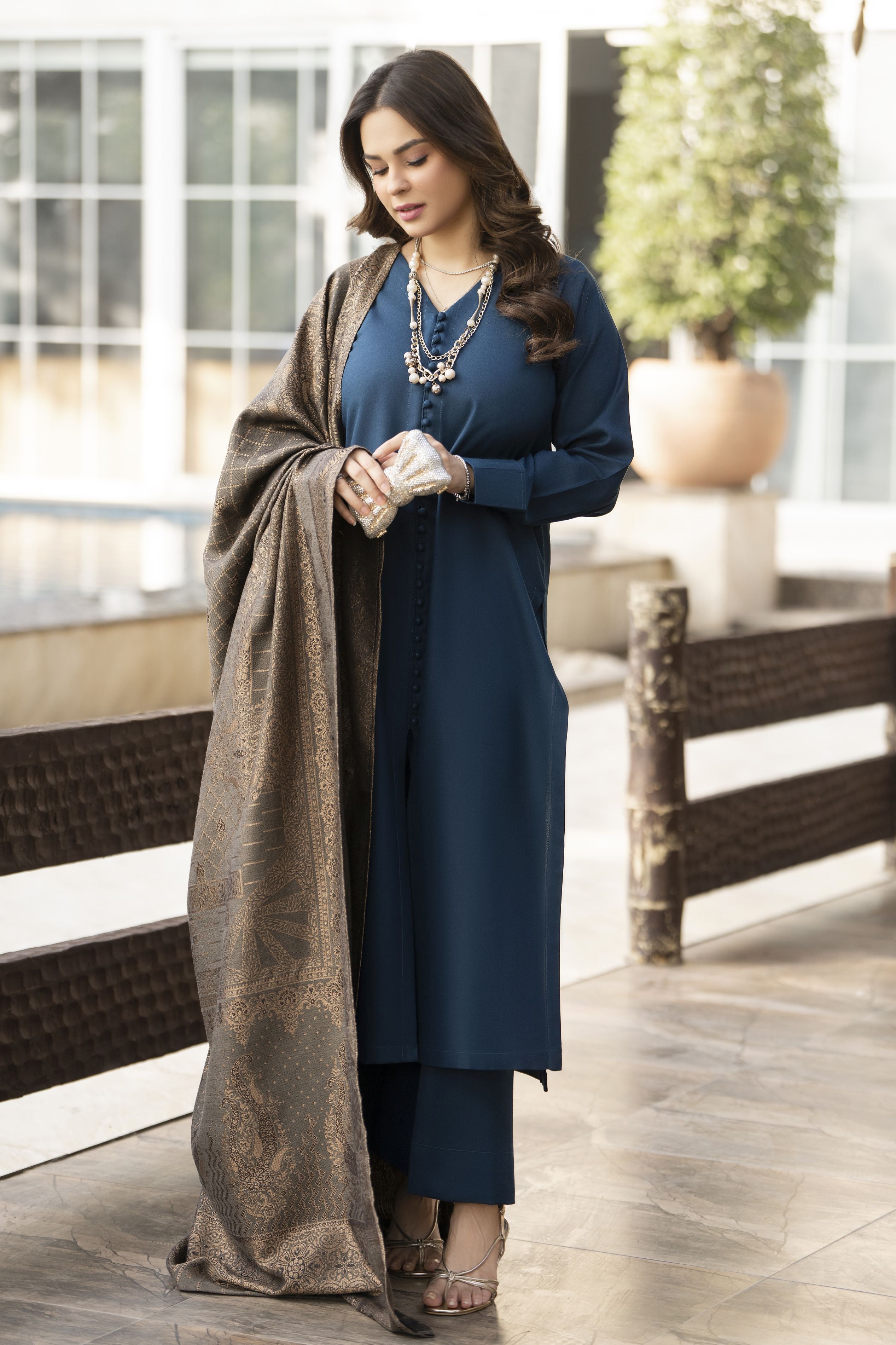 Teal Blue Dhanak Long Dress with Multani Winter Shawl by Gul Warun GSR9
