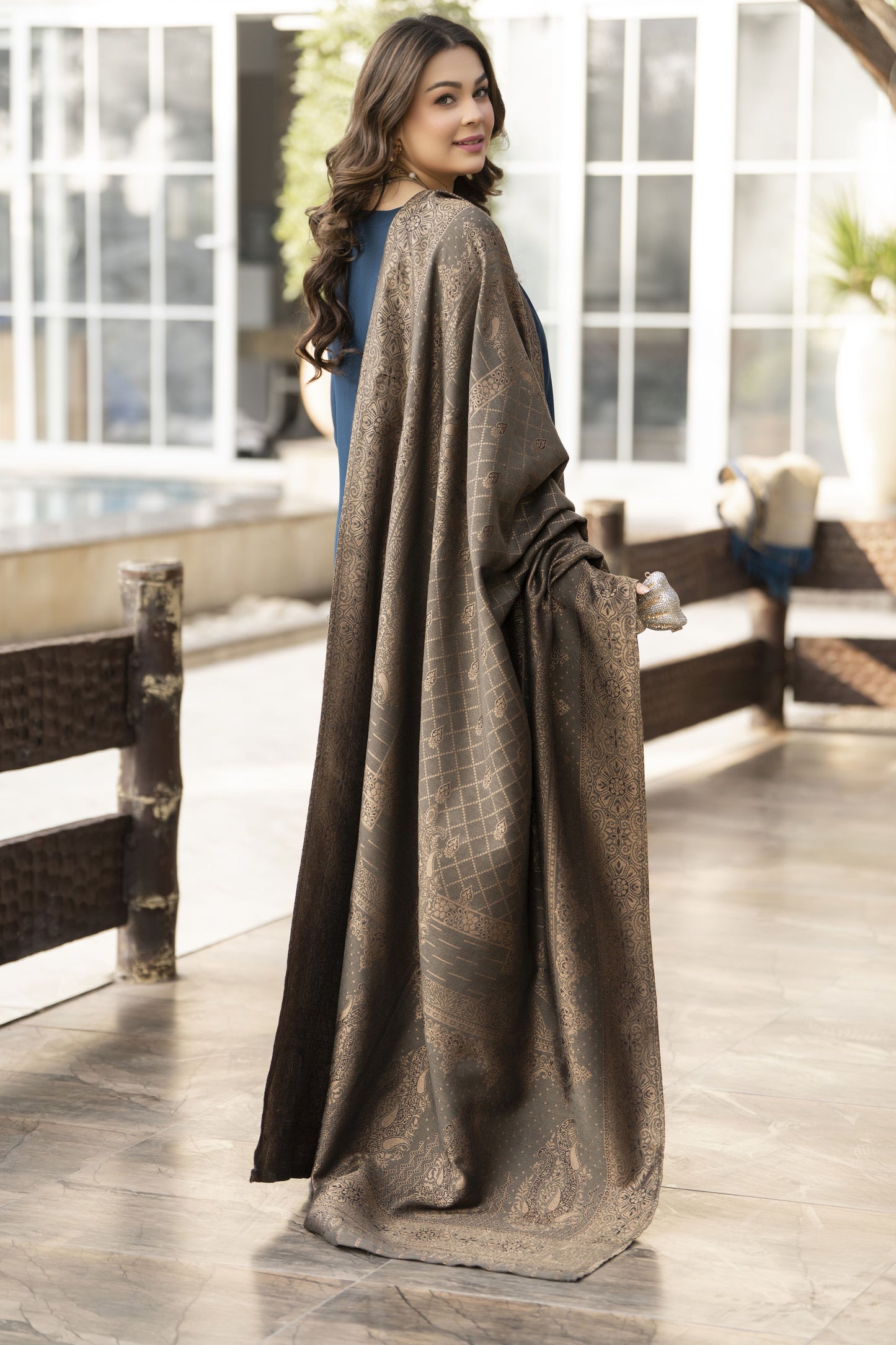 Teal Blue Dhanak Long Dress with Multani Winter Shawl by Gul Warun GSR9