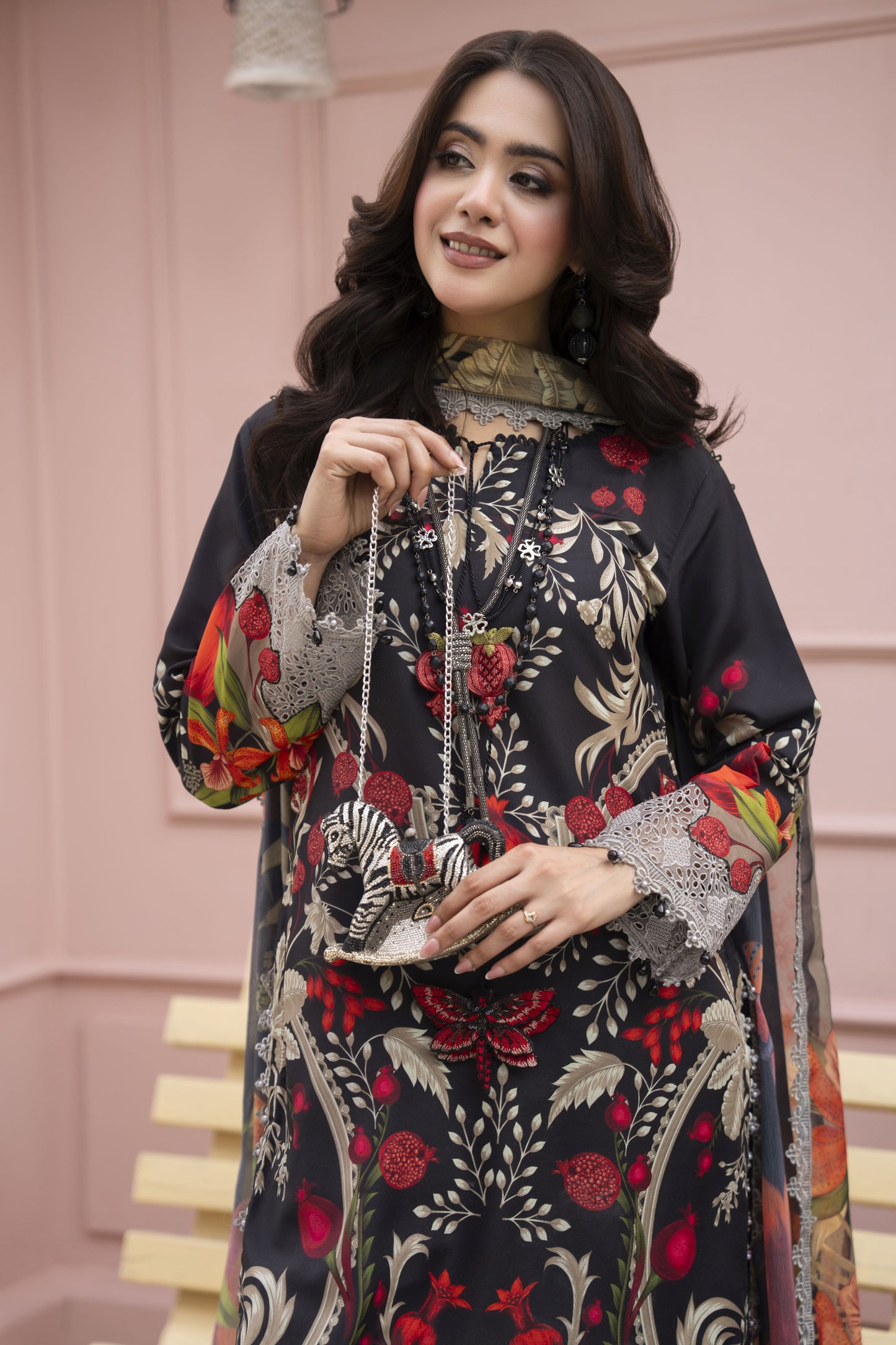 3pc Printed & Chikankari Embroidered Lawn Suit with Chiffon Dupatta RES7