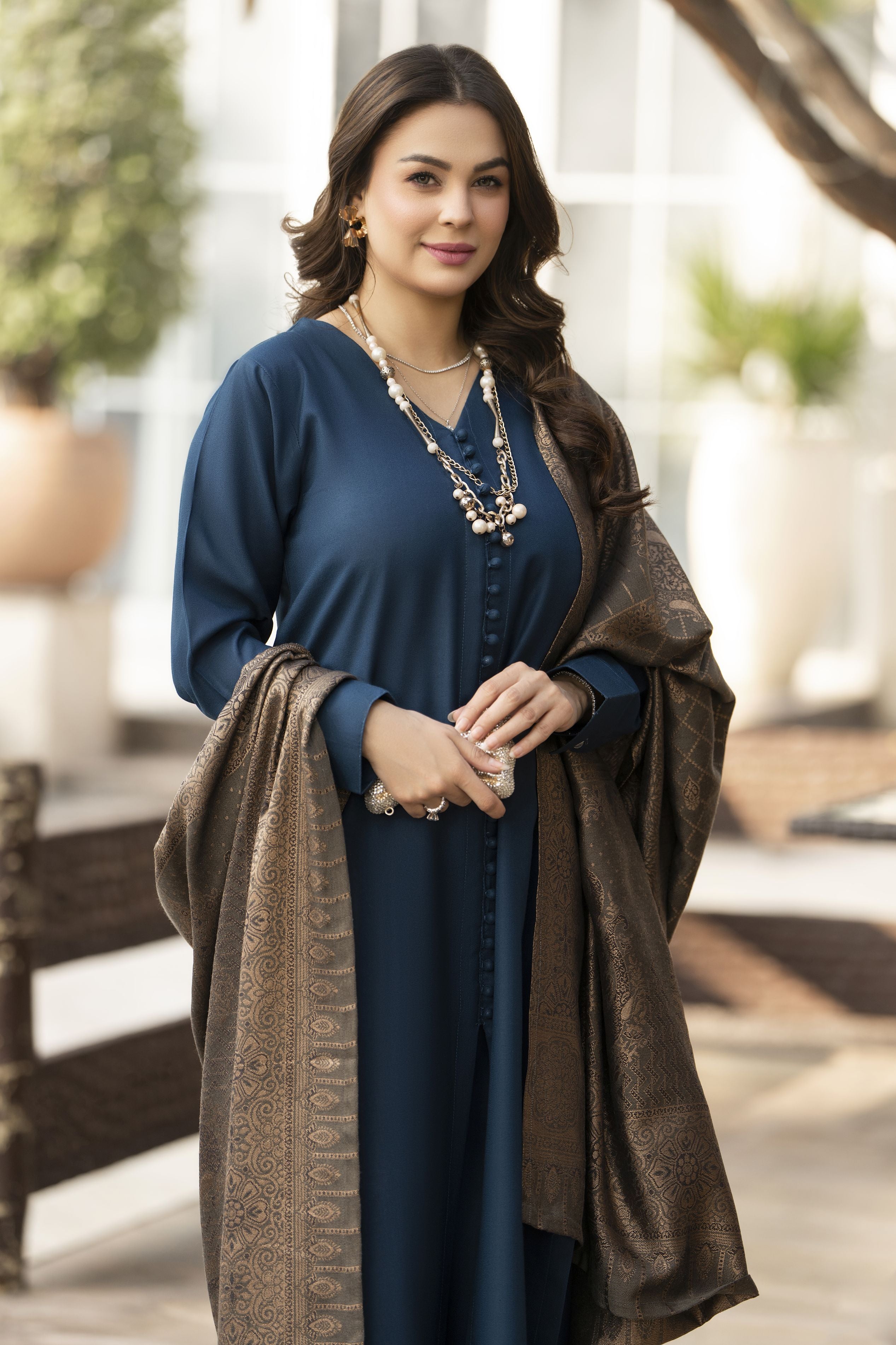 Teal Blue Dhanak Long Dress with Multani Winter Shawl by Gul Warun GSR9