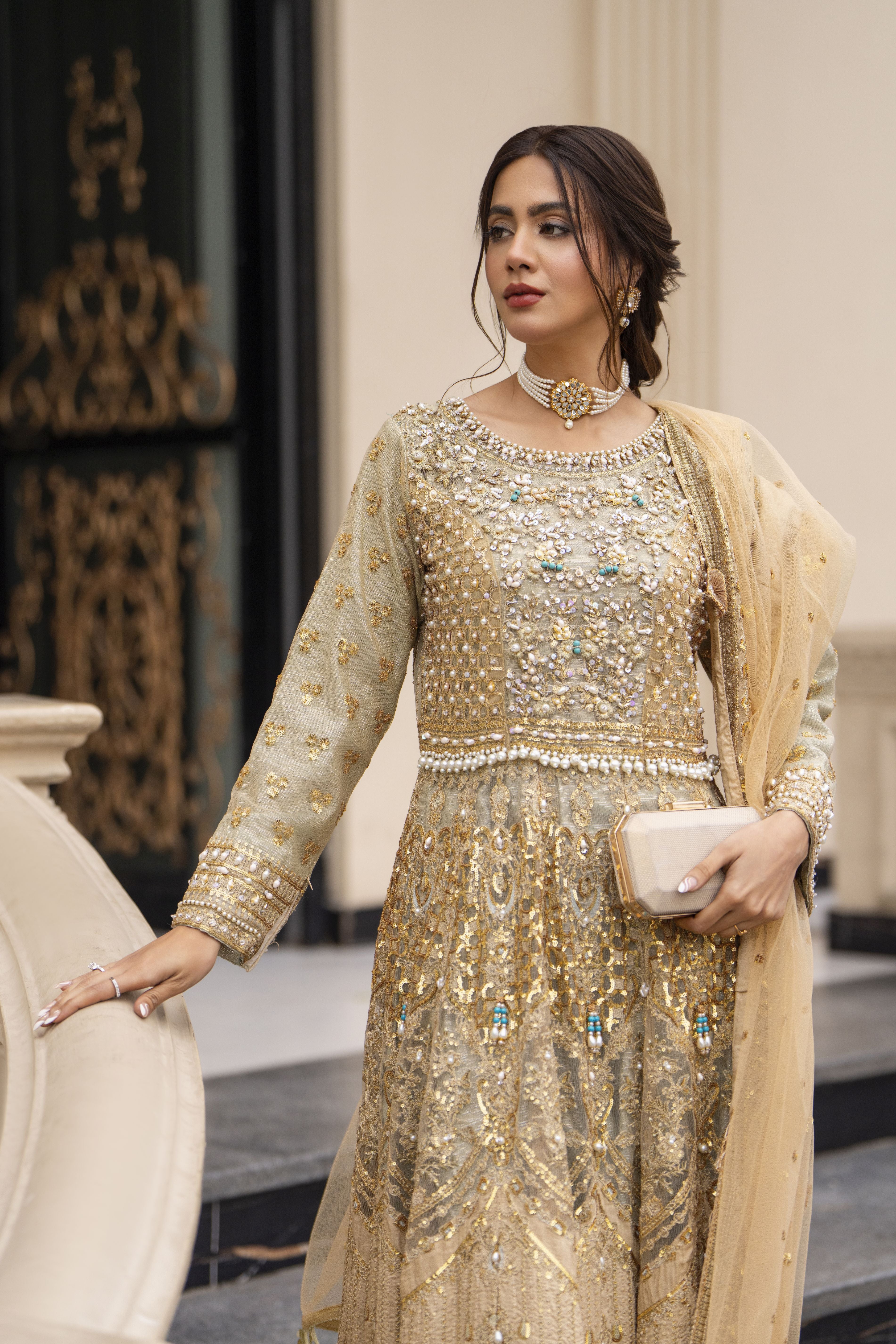 Zaiwaraat by Arwah Embroidered Maxi Dress with Straight Trousers & Dupatta ZWR05