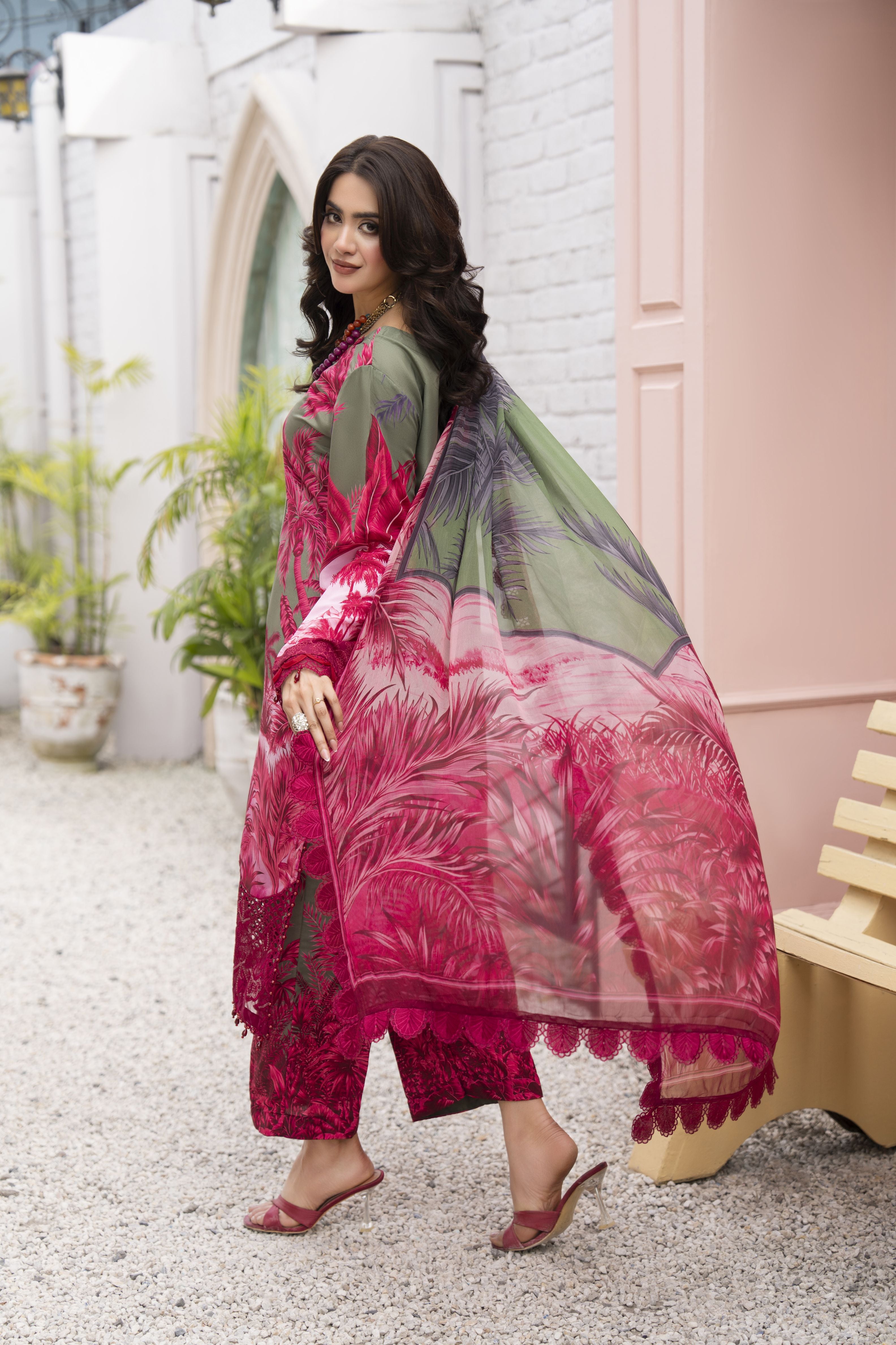 3pc Printed & Chikankari Embroidered Lawn Suit with Chiffon Dupatta RES9