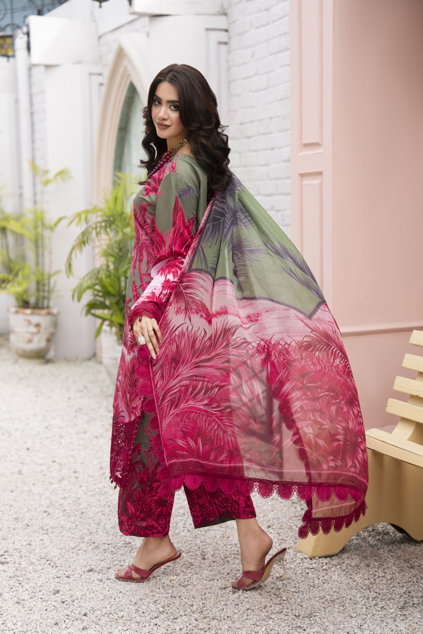 3pc Printed & Chikankari Embroidered Lawn Suit with Chiffon Dupatta RES9