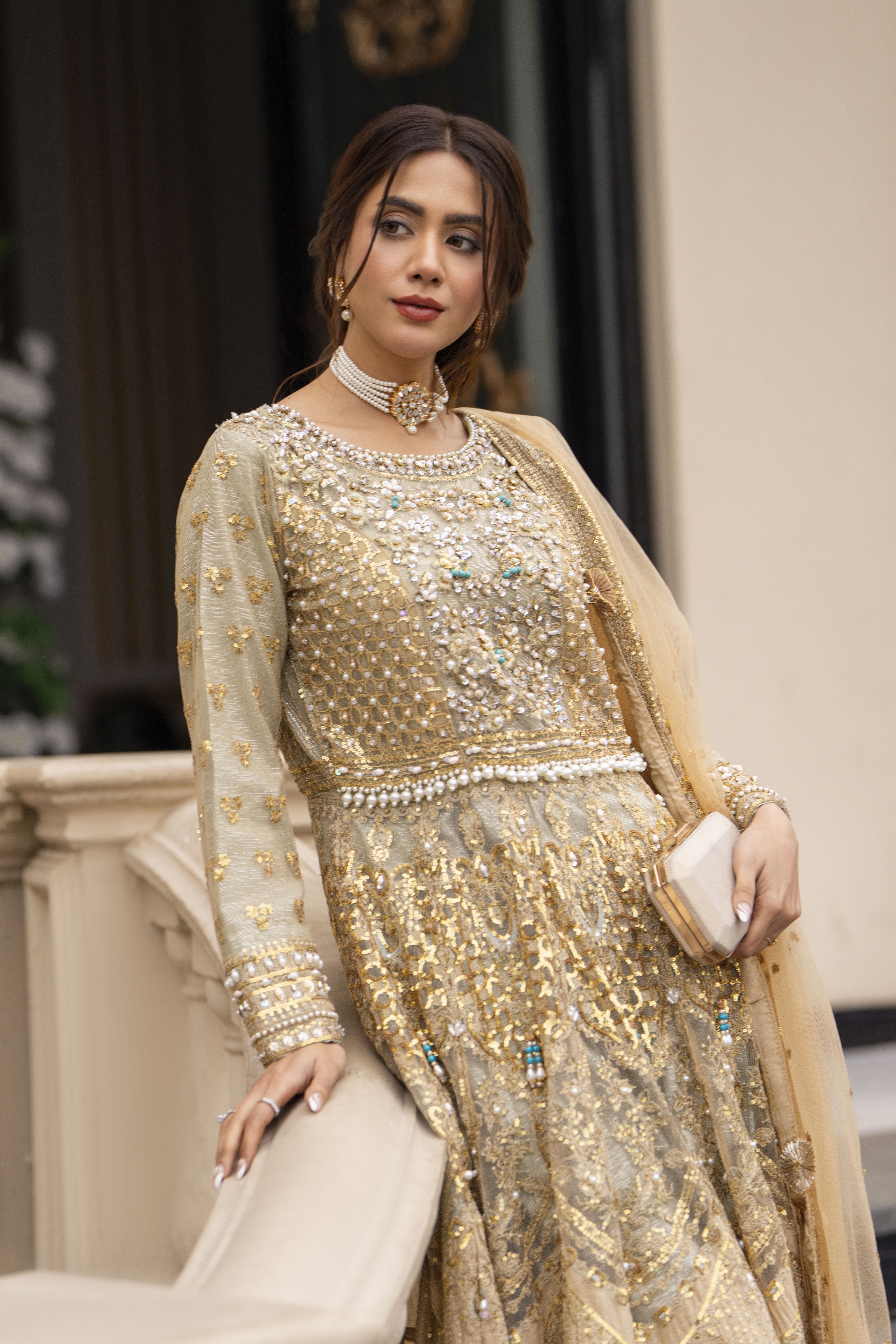 Zaiwaraat by Arwah Embroidered Maxi Dress with Straight Trousers & Dupatta ZWR05