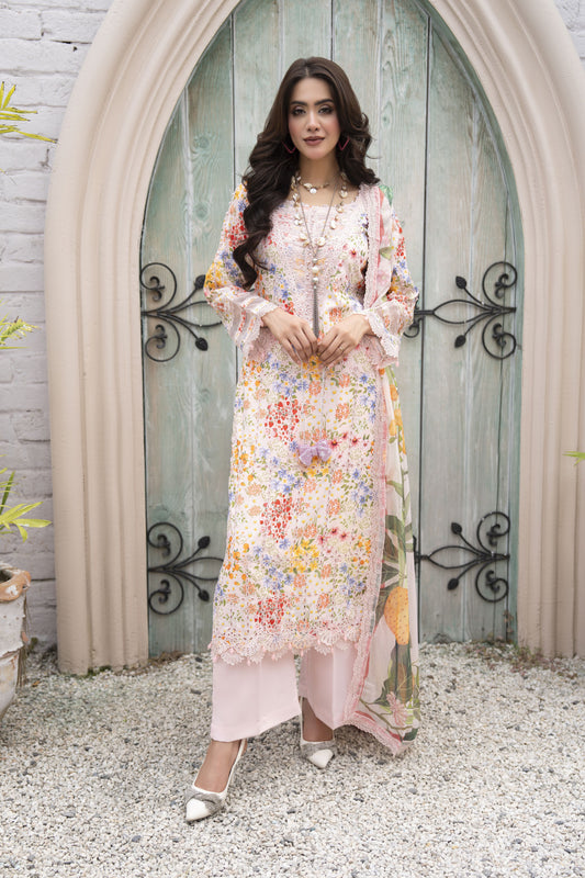 3pc Printed & Chikankari Embroidered Lawn Suit with Chiffon Dupatta RES8