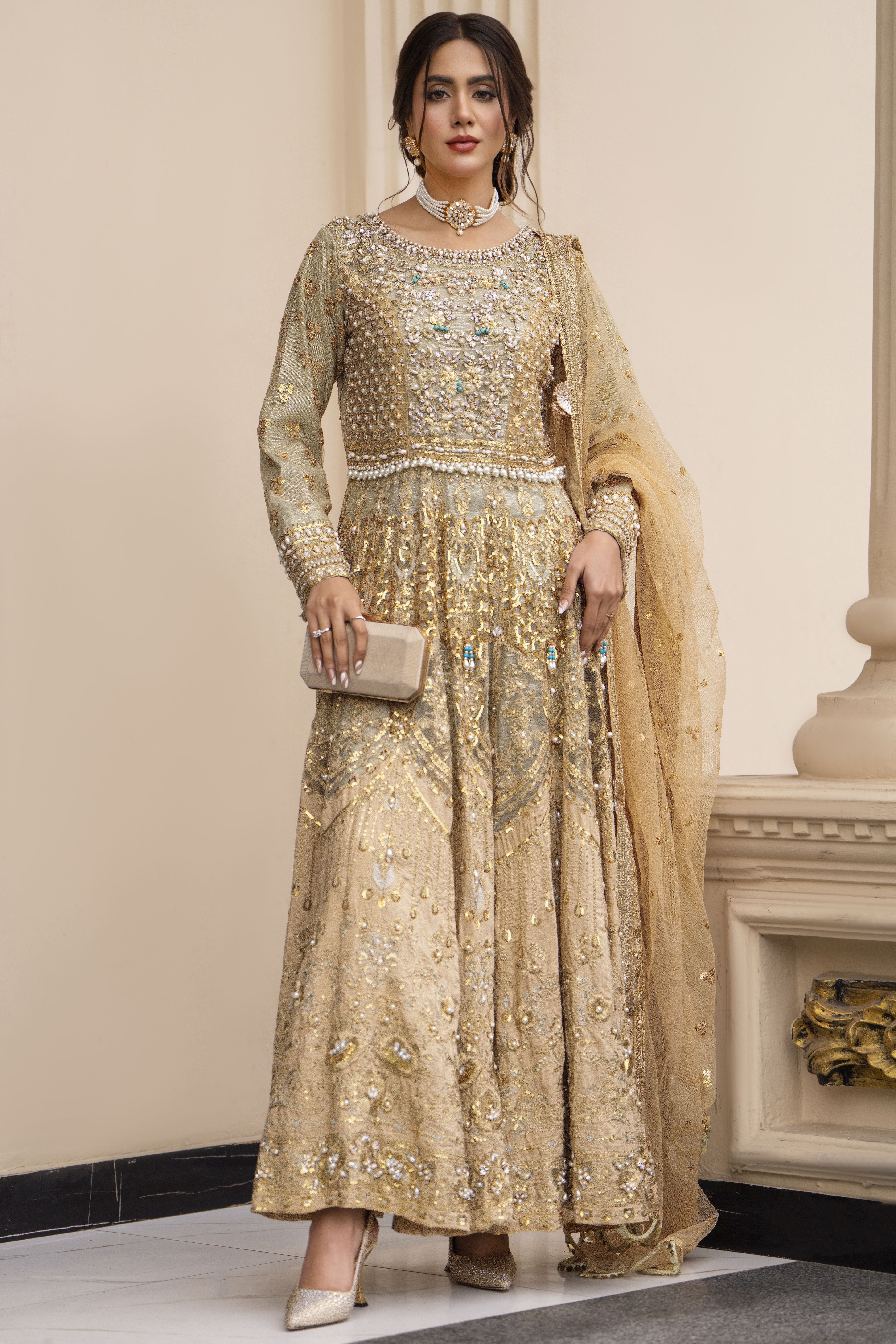 Zaiwaraat by Arwah Embroidered Maxi Dress with Straight Trousers & Dupatta ZWR05