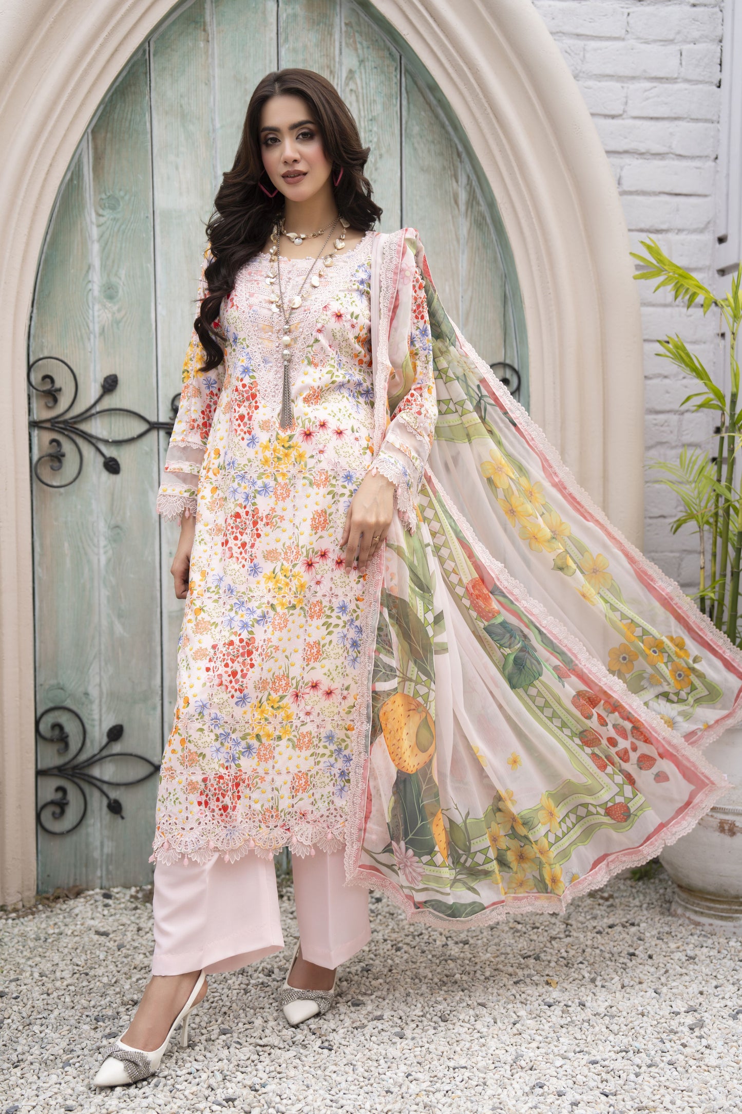 3pc Printed & Chikankari Embroidered Lawn Suit with Chiffon Dupatta RES8