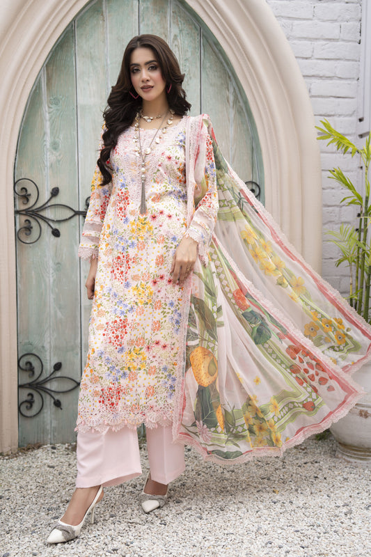 3pc Printed & Chikankari Embroidered Lawn Suit with Chiffon Dupatta RES8