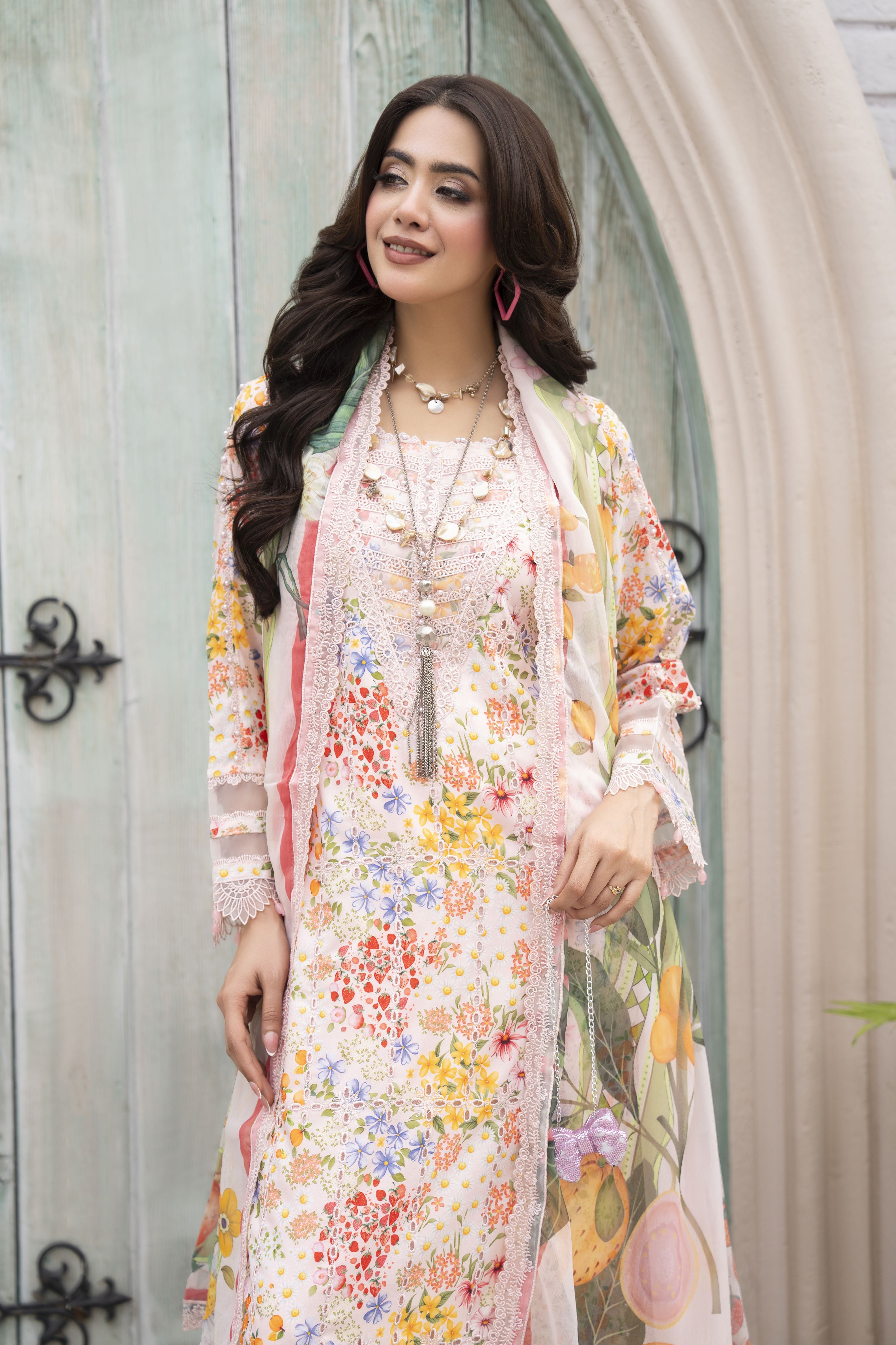 3pc Printed & Chikankari Embroidered Lawn Suit with Chiffon Dupatta RES8
