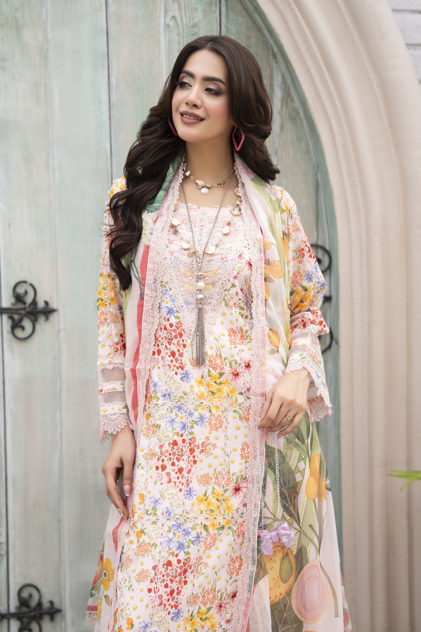 3pc Printed & Chikankari Embroidered Lawn Suit with Chiffon Dupatta RES8