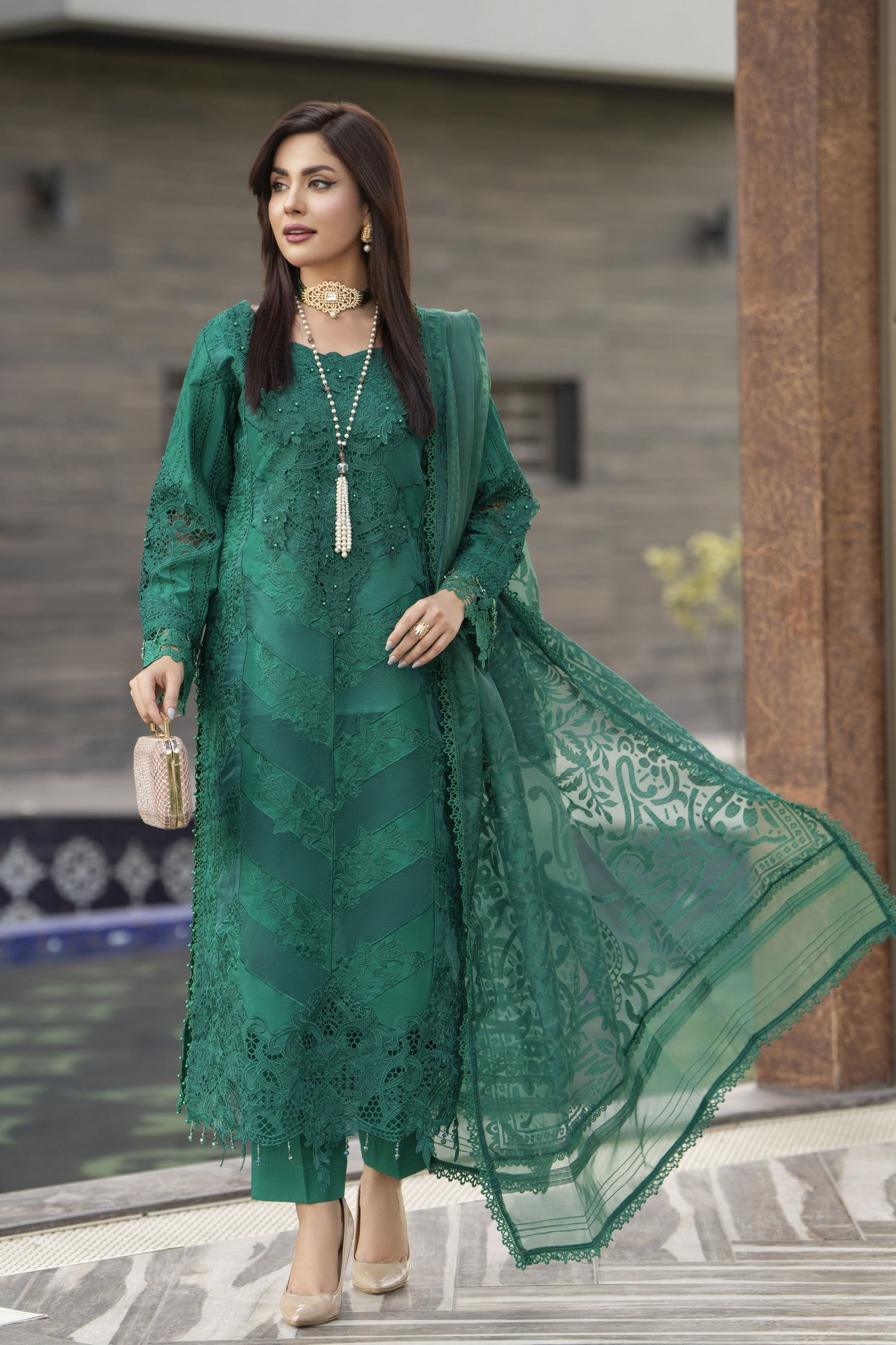 Raabtaa A Silver Affair | Emerald Green Cutwork Women Designer Dress Raabtaa A Silver Affair | Emerald Green Cutwork Women Designer Dress