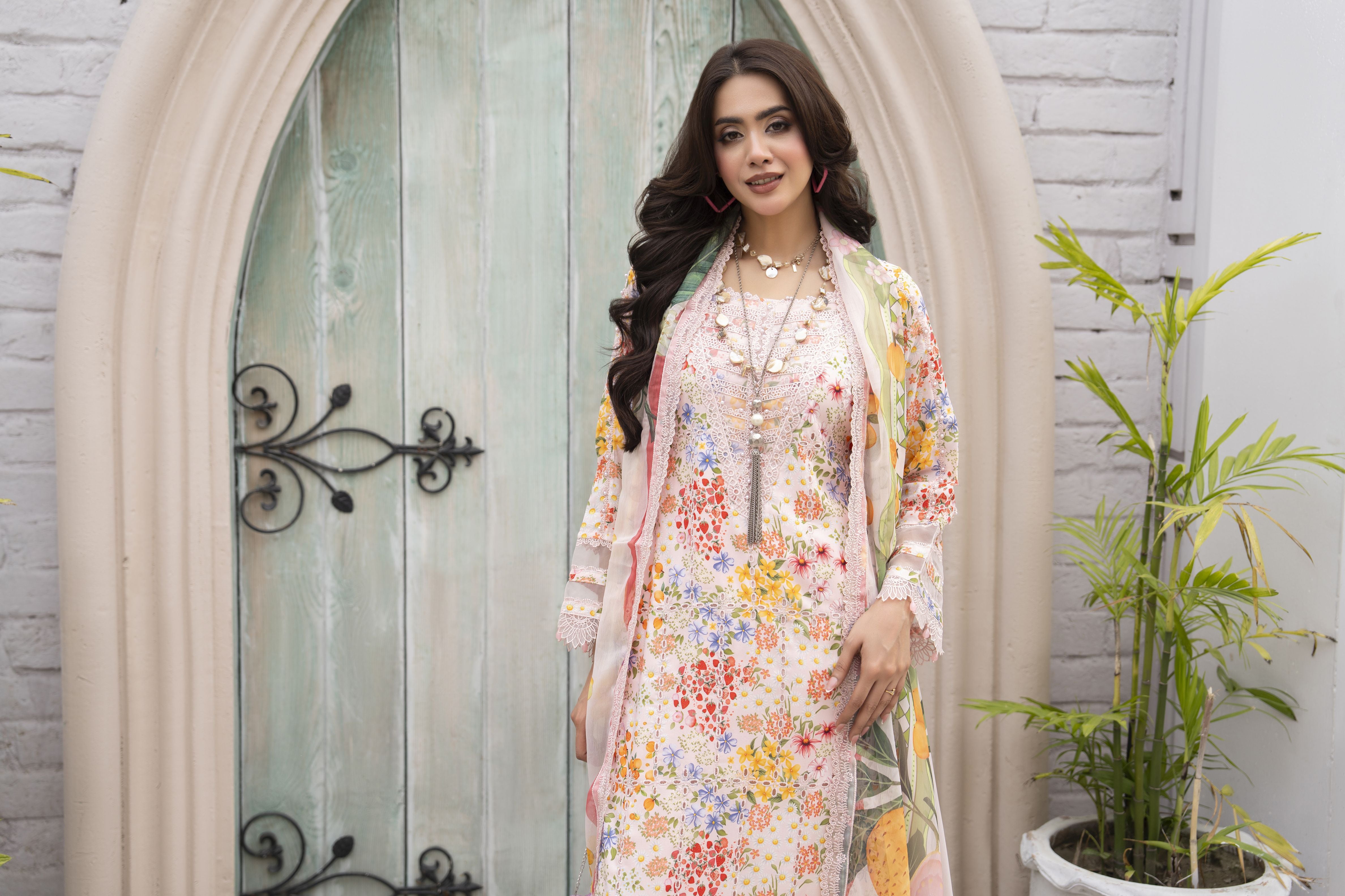 3pc Printed & Chikankari Embroidered Lawn Suit with Chiffon Dupatta RES8