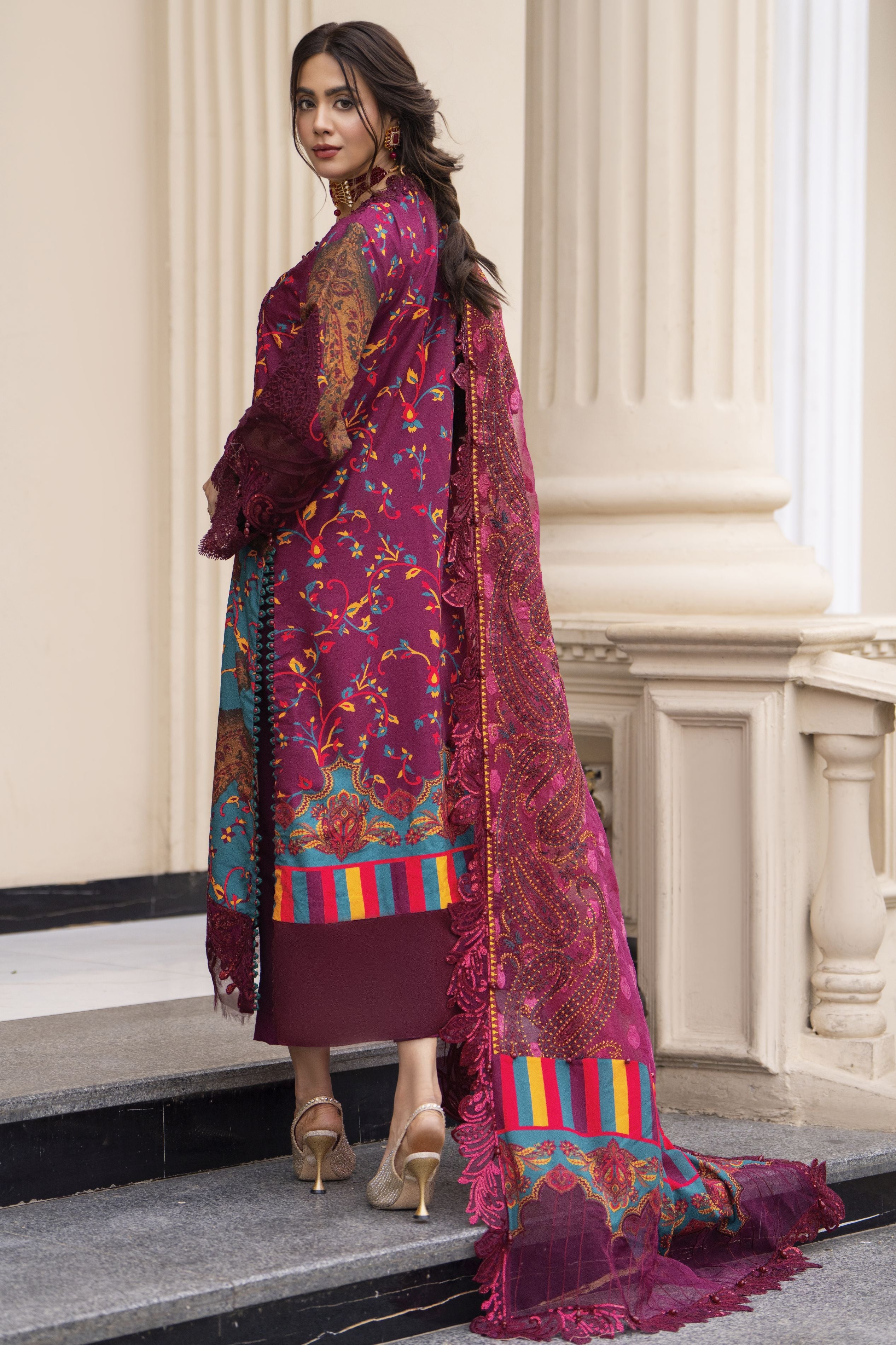 Arwah Embroidered Digital Printed Grip Dress with Velvet Accents SSA20