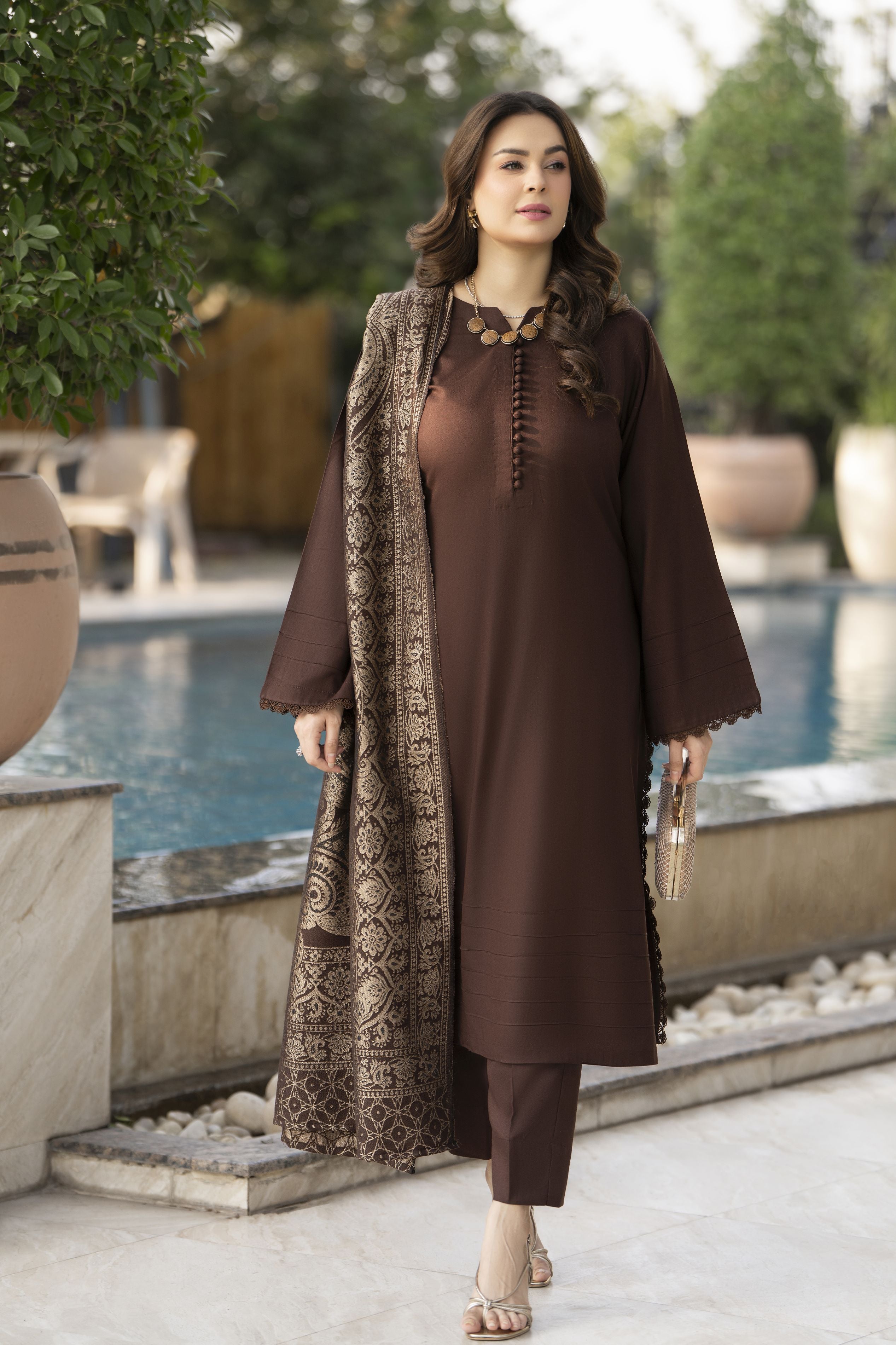 Chocolate Brown Dhanak Dress with Multani Winter Shawl by Gul Warun GSR7