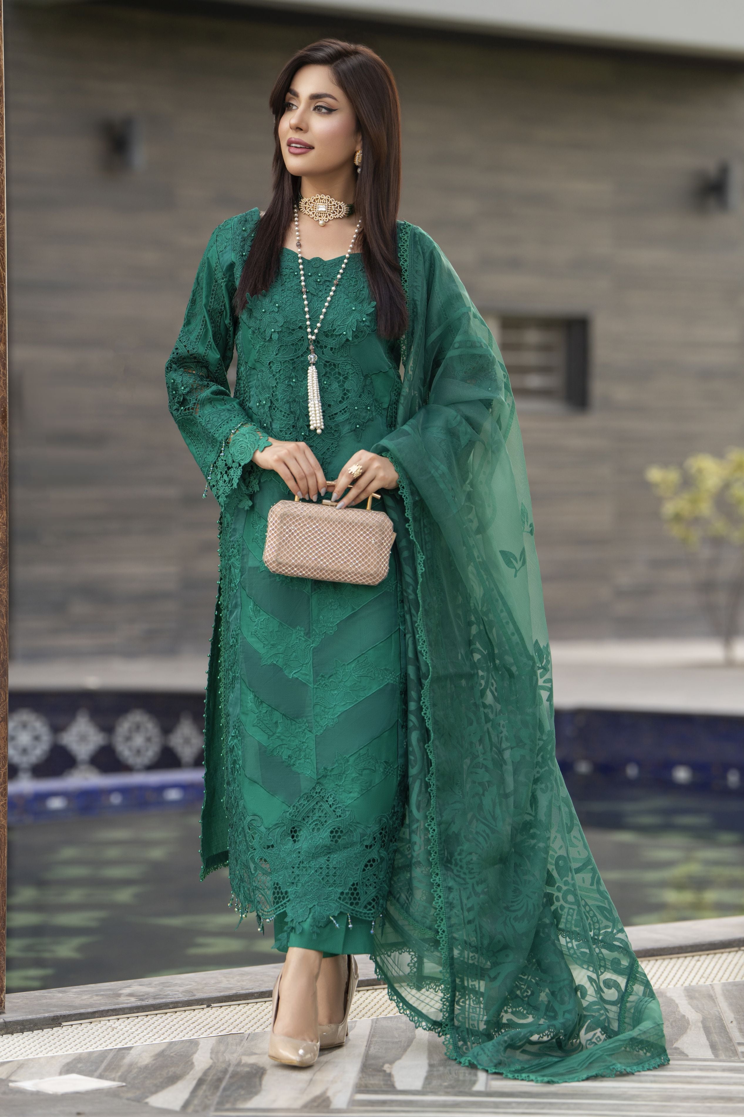 Raabtaa – A Silver Affair | Emerald Green Cutwork Women Designer Dress SRS06