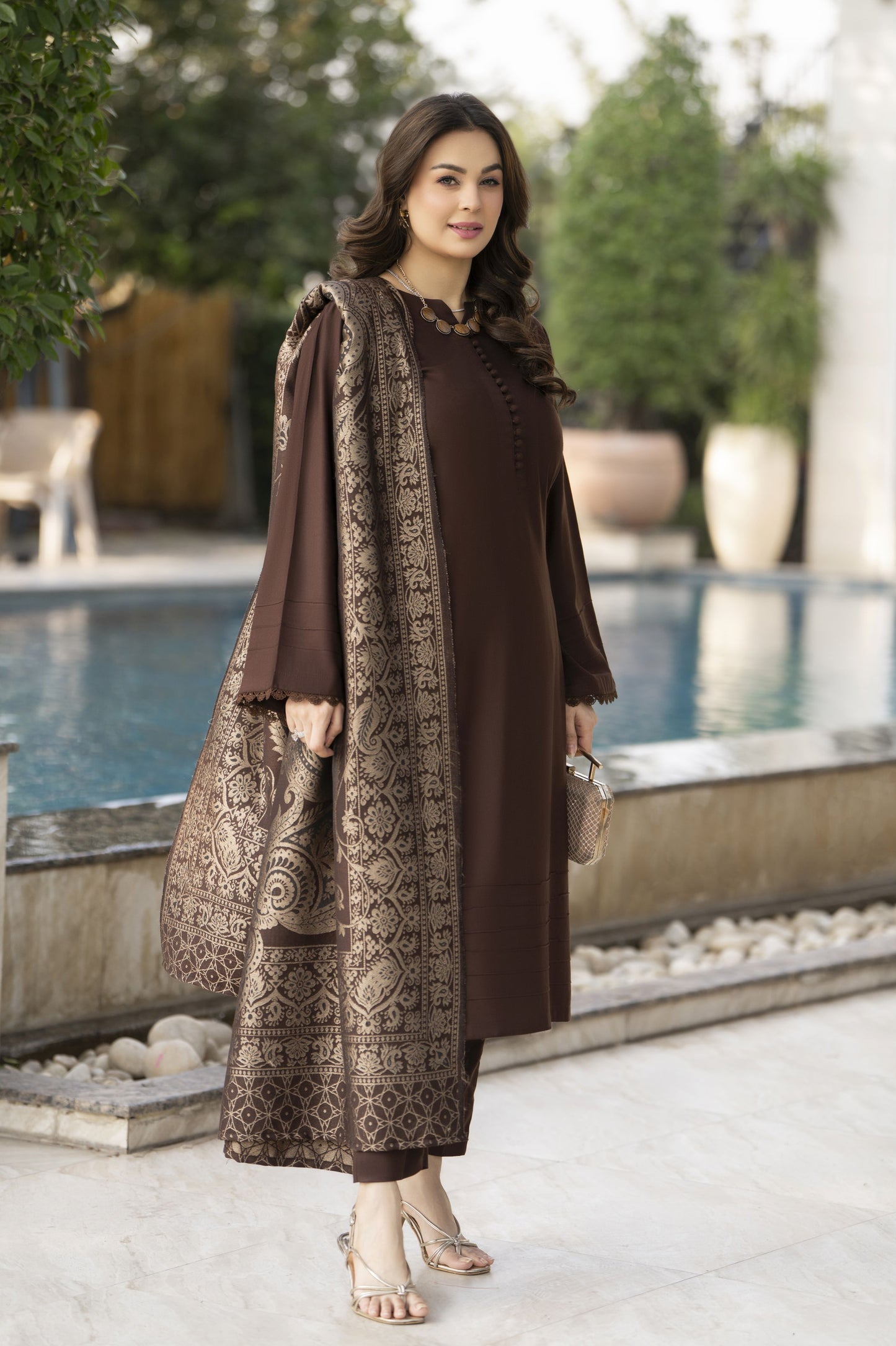 Chocolate Brown Dhanak Dress with Multani Winter Shawl by Gul Warun GSR7