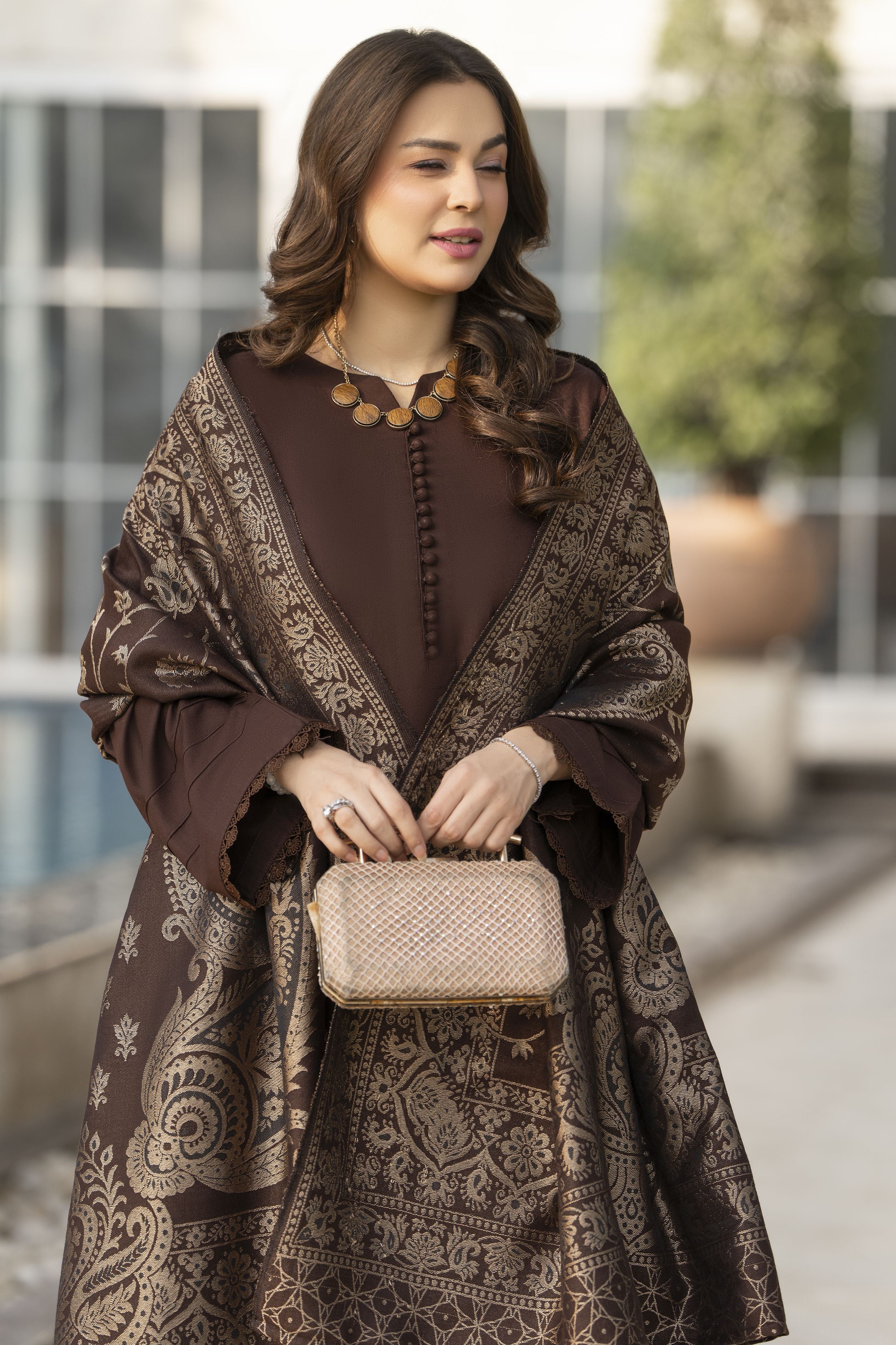 Chocolate Brown Dhanak Dress with Multani Winter Shawl by Gul Warun GSR7