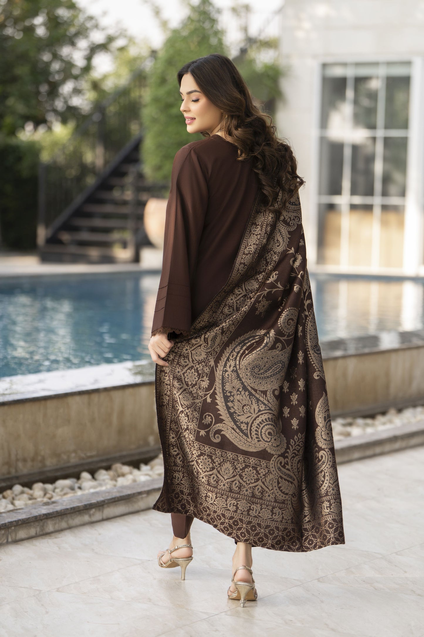 Chocolate Brown Dhanak Dress with Multani Winter Shawl by Gul Warun GSR7
