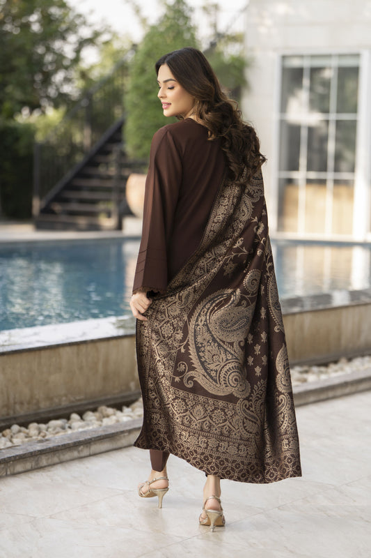 Chocolate Brown Dhanak Dress with Multani Winter Shawl by Gul Warun GSR7