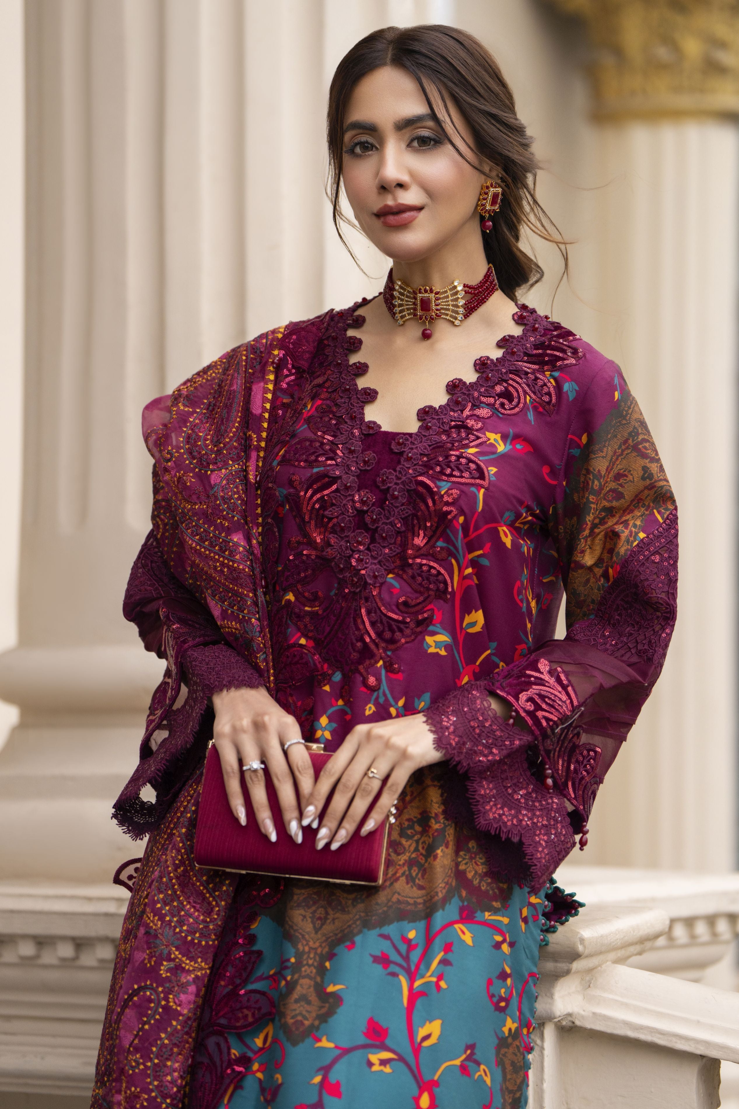 Arwah Embroidered Digital Printed Grip Dress with Velvet Accents SSA20