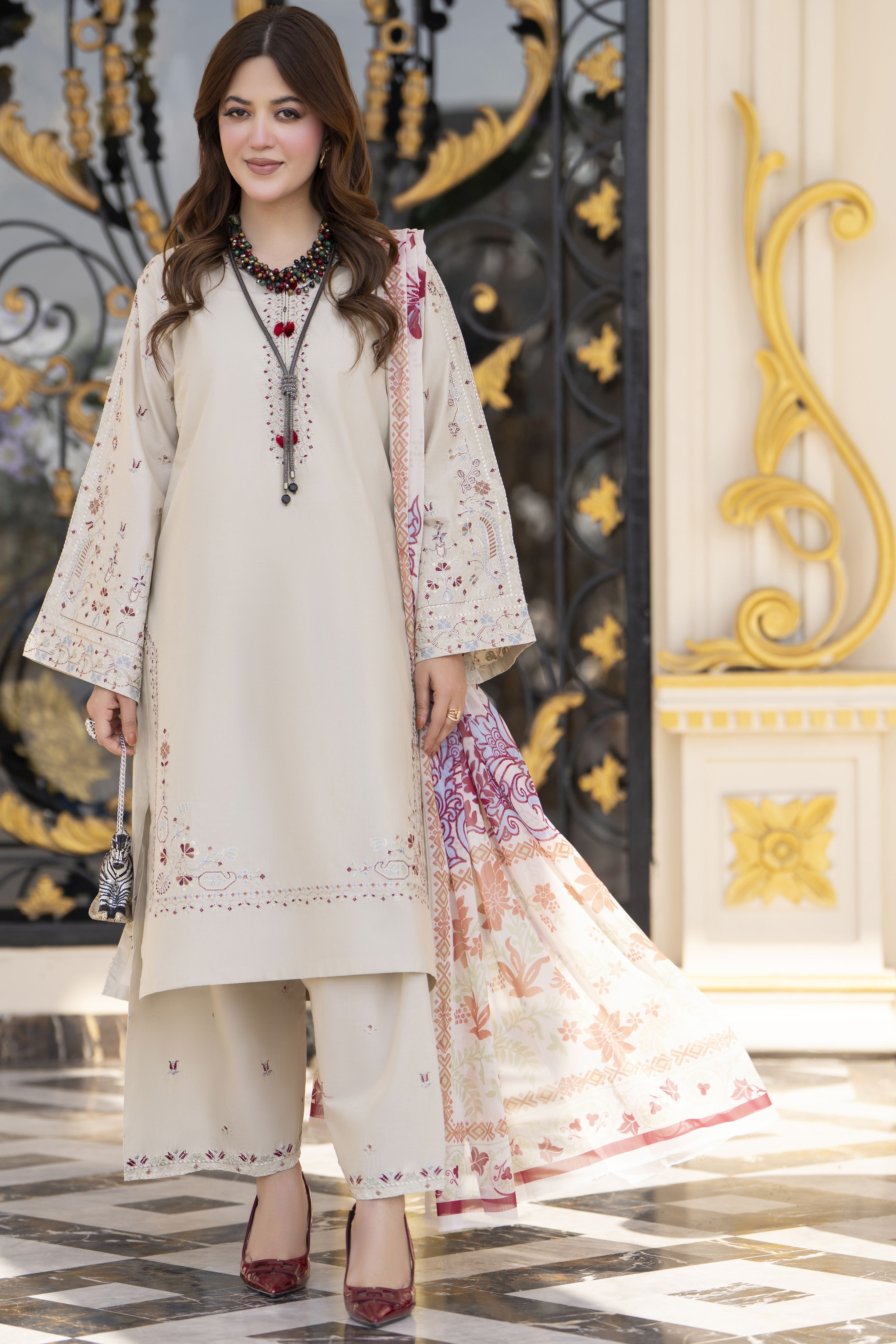 Khushi by Silver Beige 3pc Embroidered Cotton Ready to Wear Suit KBS5