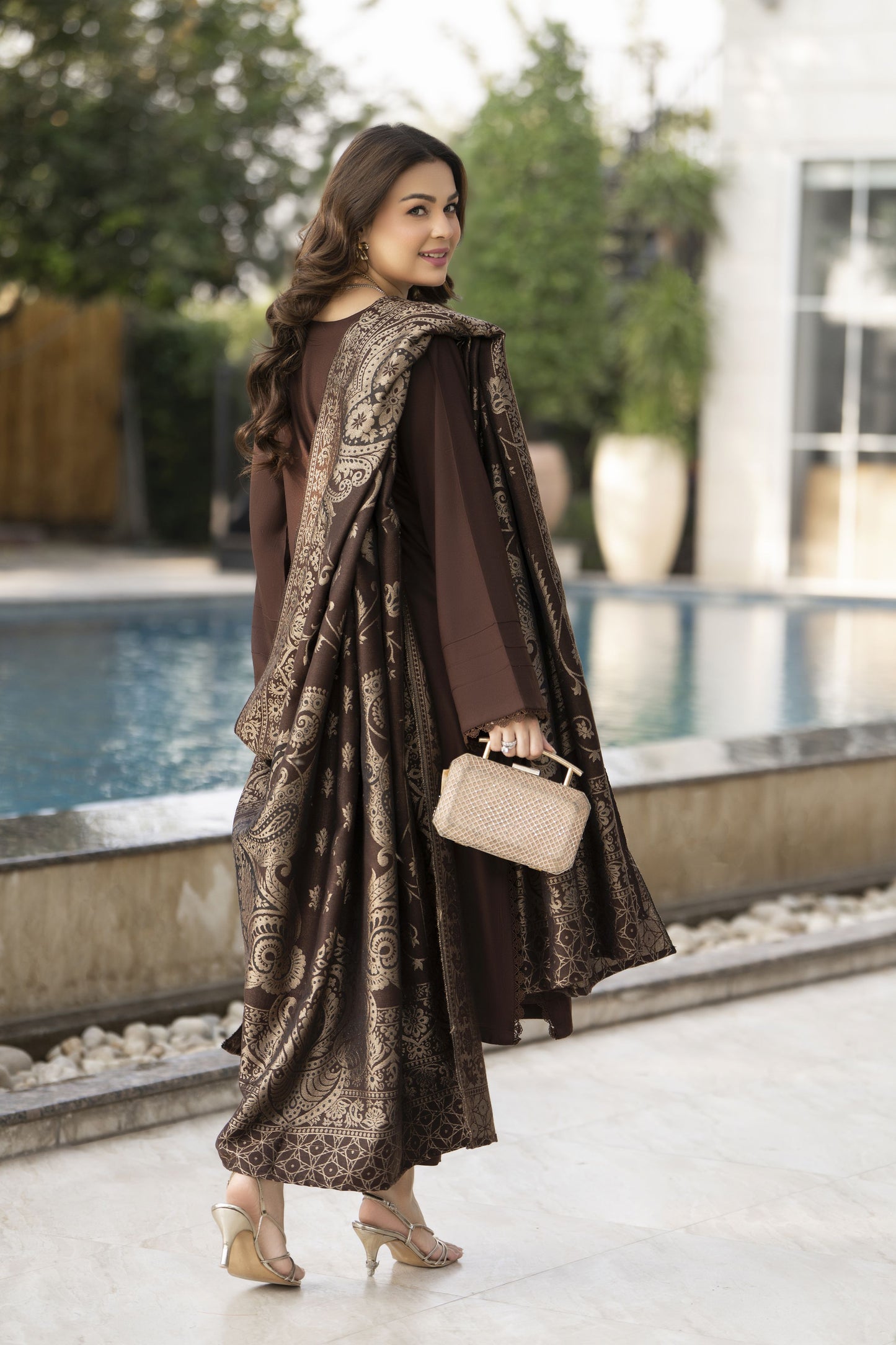 Chocolate Brown Dhanak Dress with Multani Winter Shawl by Gul Warun GSR7
