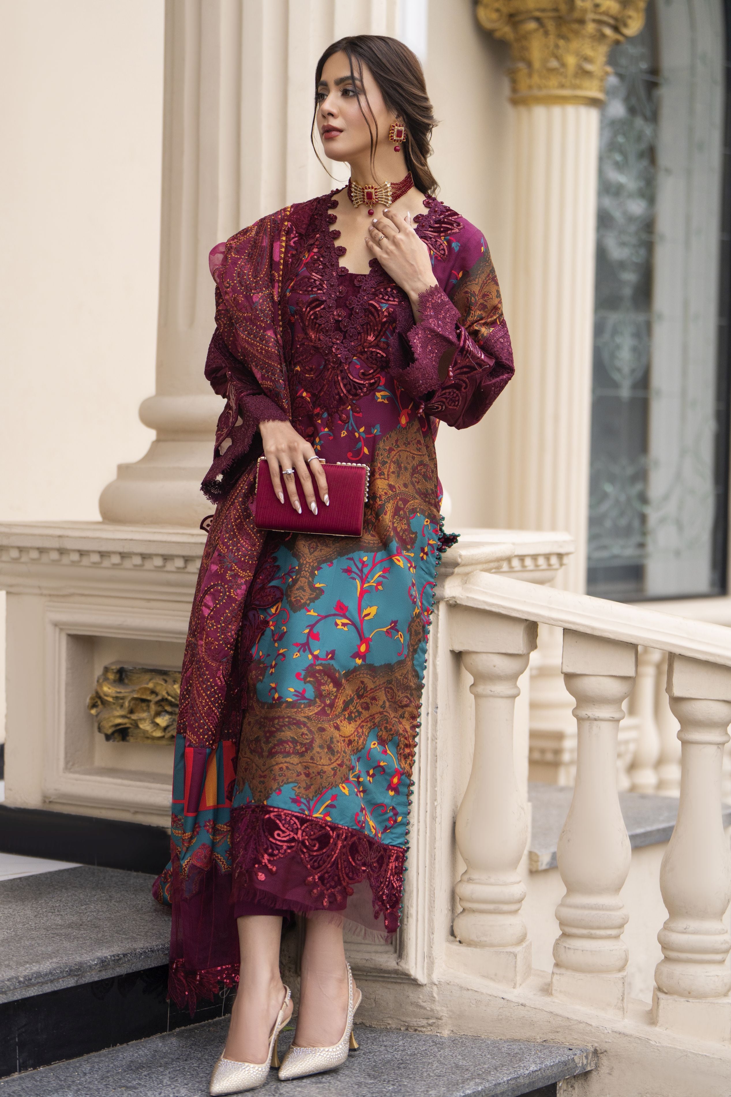Arwah Embroidered Digital Printed Grip Dress with Velvet Accents SSA20