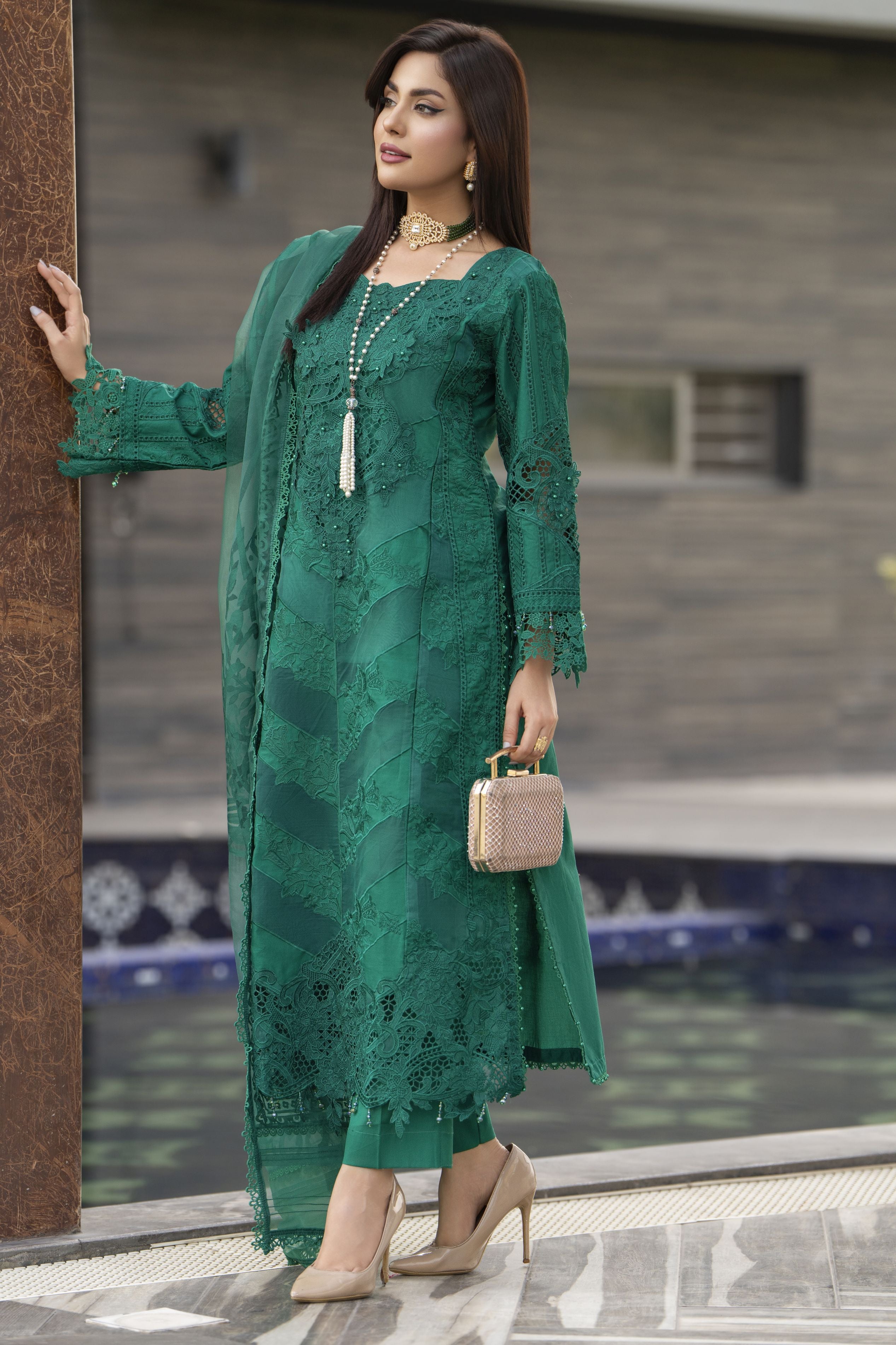 Raabtaa – A Silver Affair | Emerald Green Cutwork Women Designer Dress SRS06