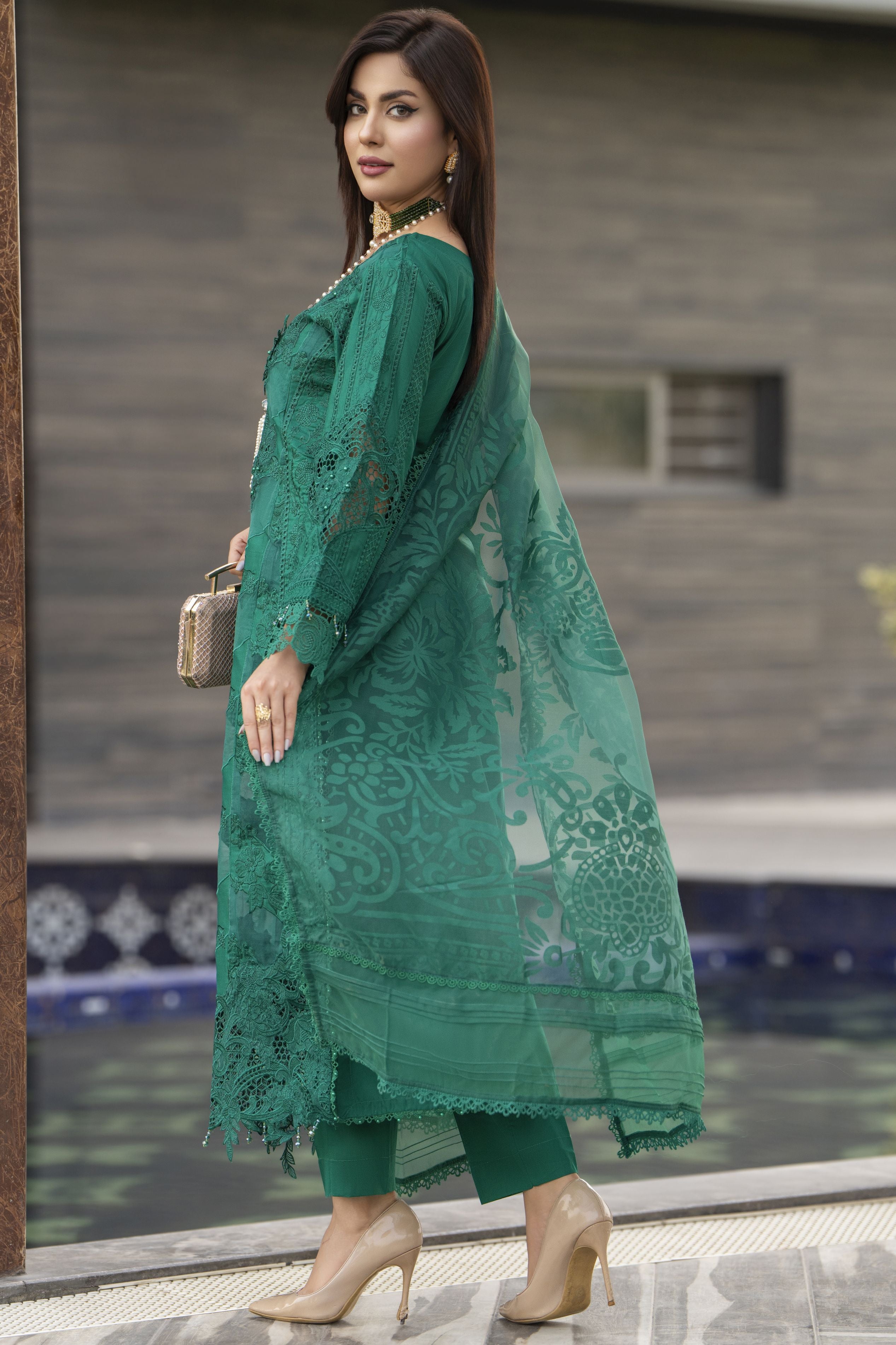 Raabtaa – A Silver Affair | Emerald Green Cutwork Women Designer Dress SRS06