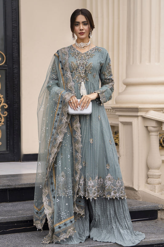 Zaiwaraat by Arwah Embroidered Net Frock with Crushed Sharara & Cutwork Dupatta ZWR01
