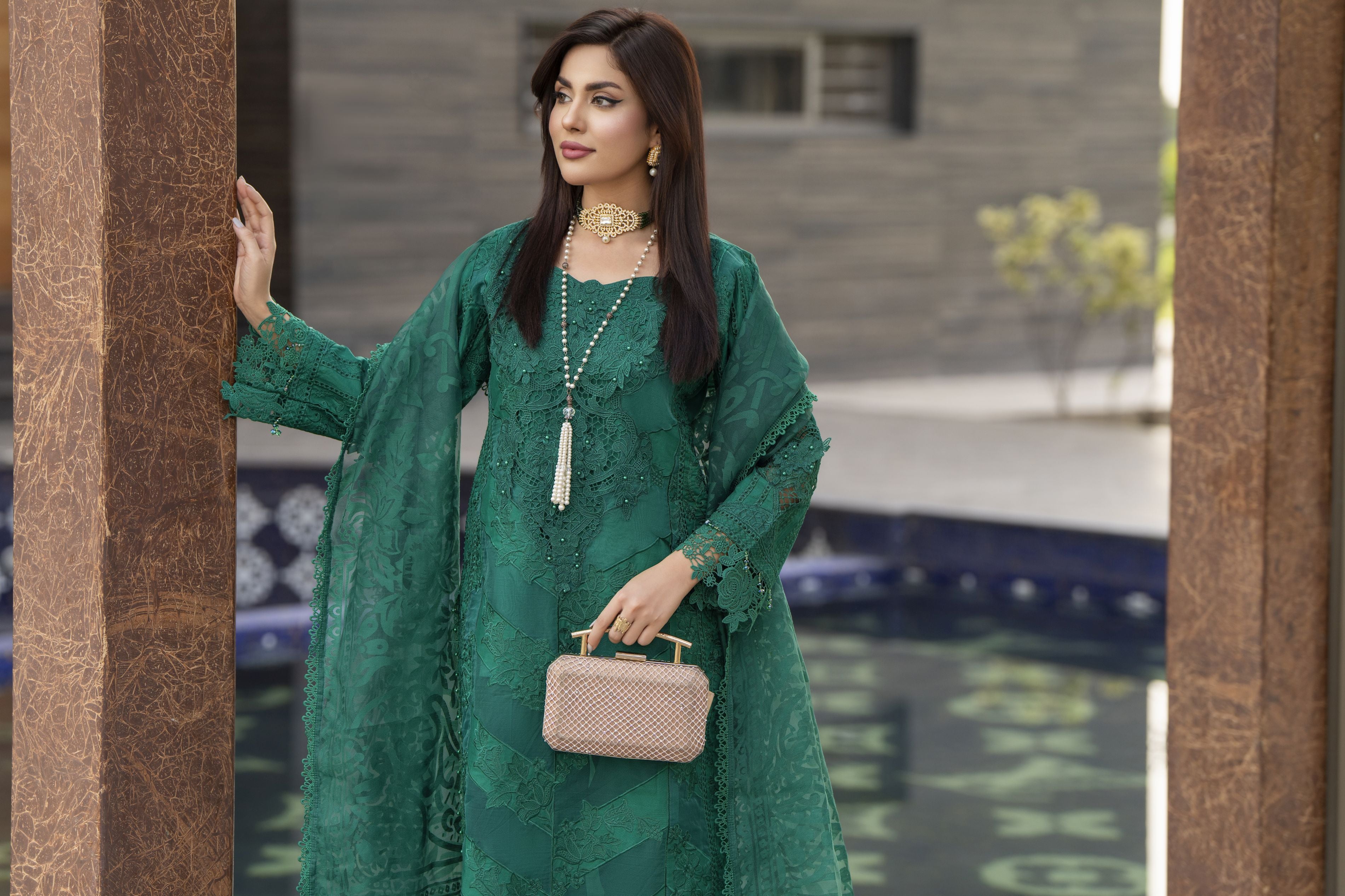 Raabtaa – A Silver Affair | Emerald Green Cutwork Women Designer Dress SRS06