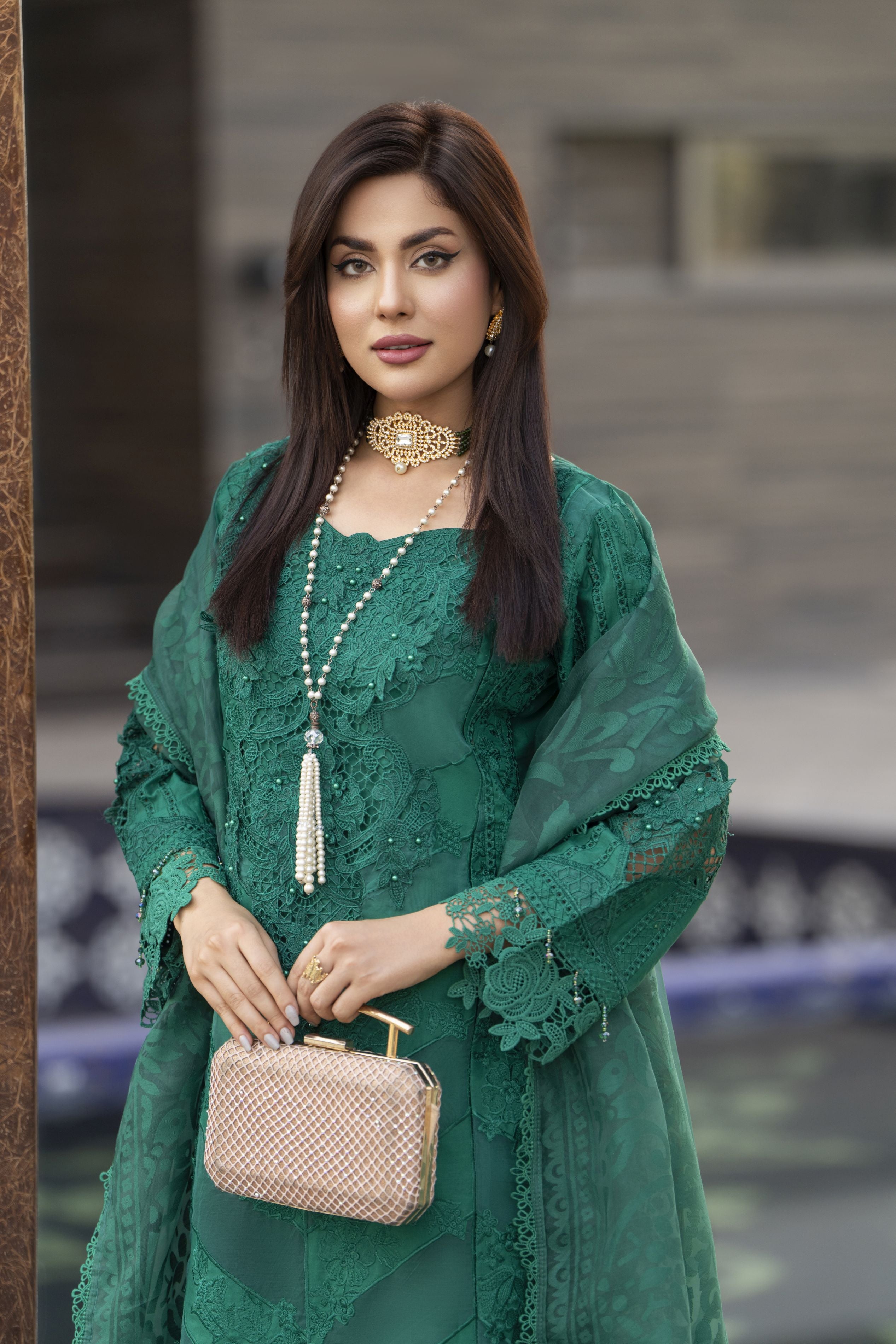 Raabtaa – A Silver Affair | Emerald Green Cutwork Women Designer Dress SRS06
