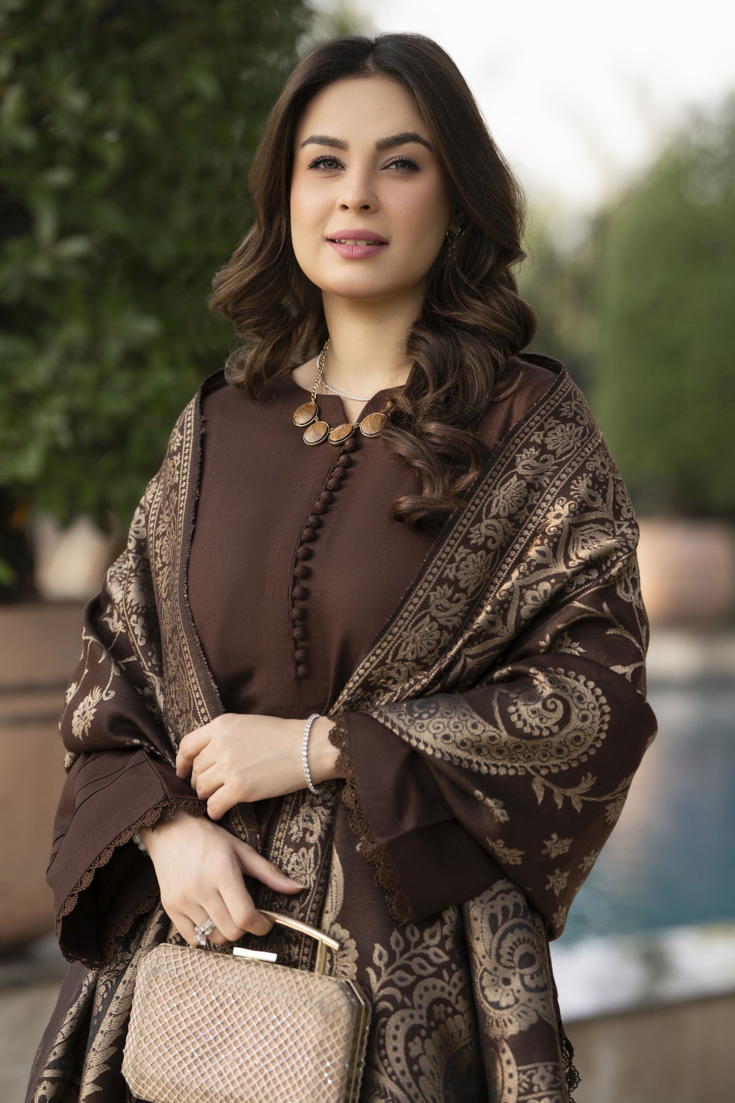 Chocolate Brown Dhanak Dress with Multani Winter Shawl by Gul Warun GSR7
