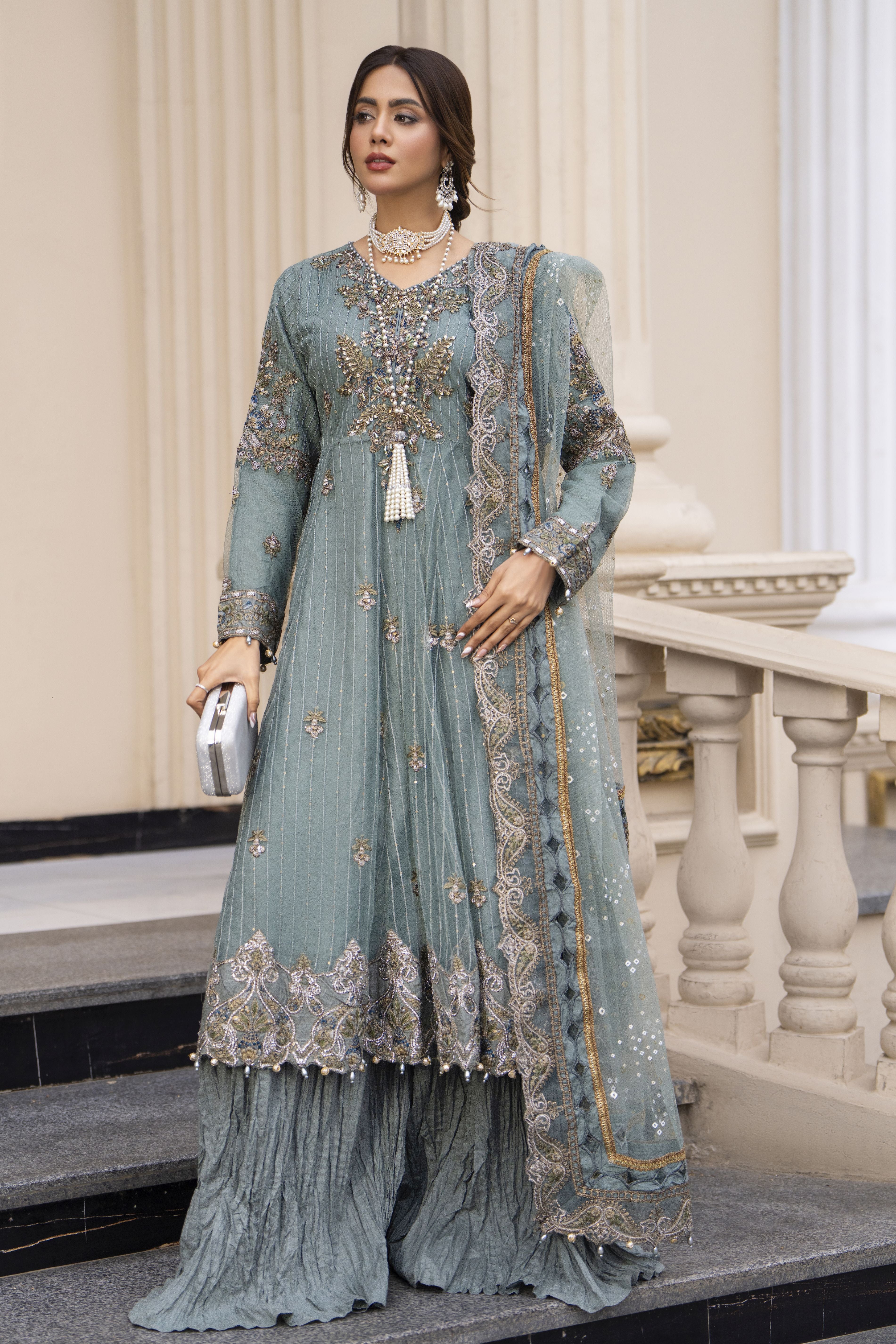 Zaiwaraat by Arwah Embroidered Net Frock with Crushed Sharara & Cutwork Dupatta ZWR01