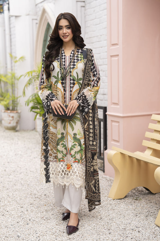 3pc Printed & Embroidered Lawn Suit with Chiffon Dupatta RES2