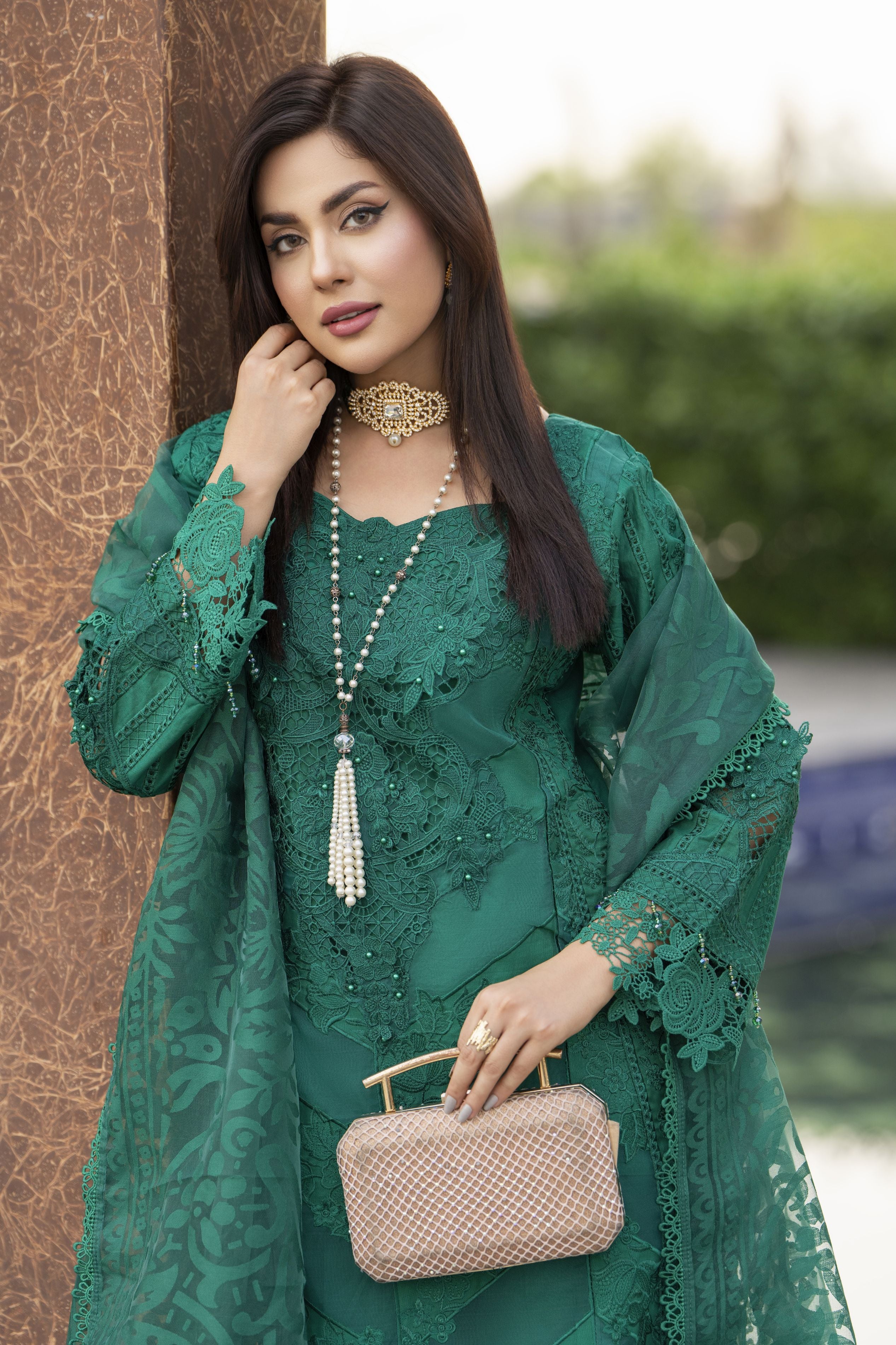Raabtaa – A Silver Affair | Emerald Green Cutwork Women Designer Dress SRS06