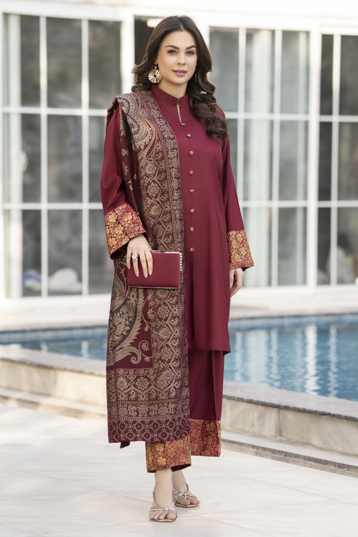 Maroon Dhanak Winter Outfit & Multani Shawl by Gul Warun GSR1