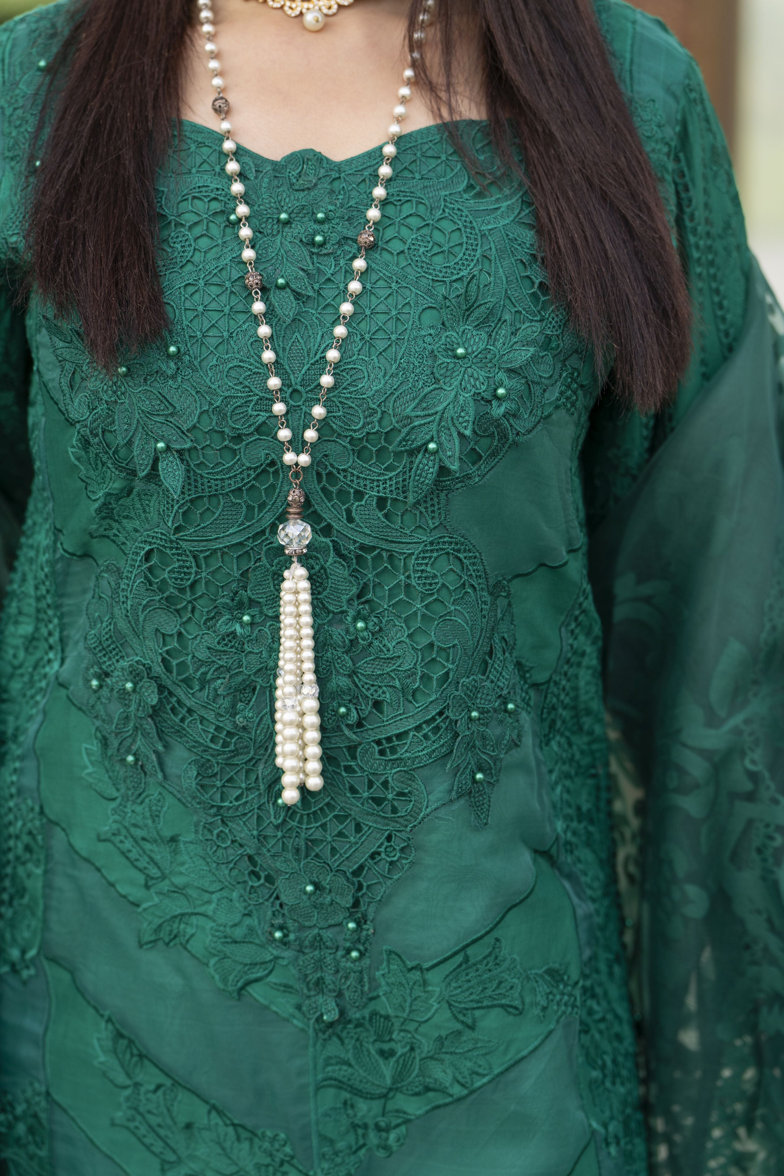 Raabtaa – A Silver Affair | Emerald Green Cutwork Women Designer Dress SRS06
