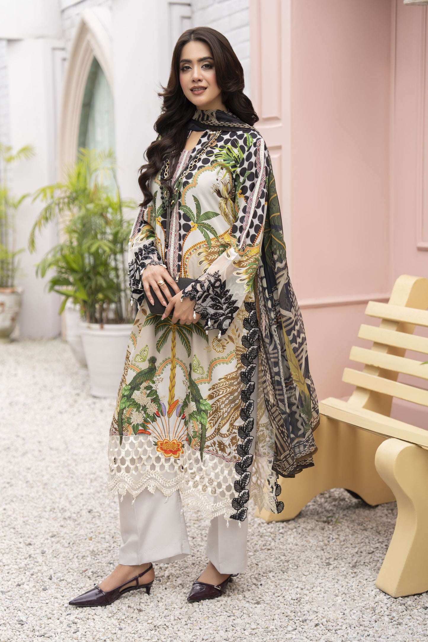 3pc Printed & Embroidered Lawn Suit with Chiffon Dupatta RES2