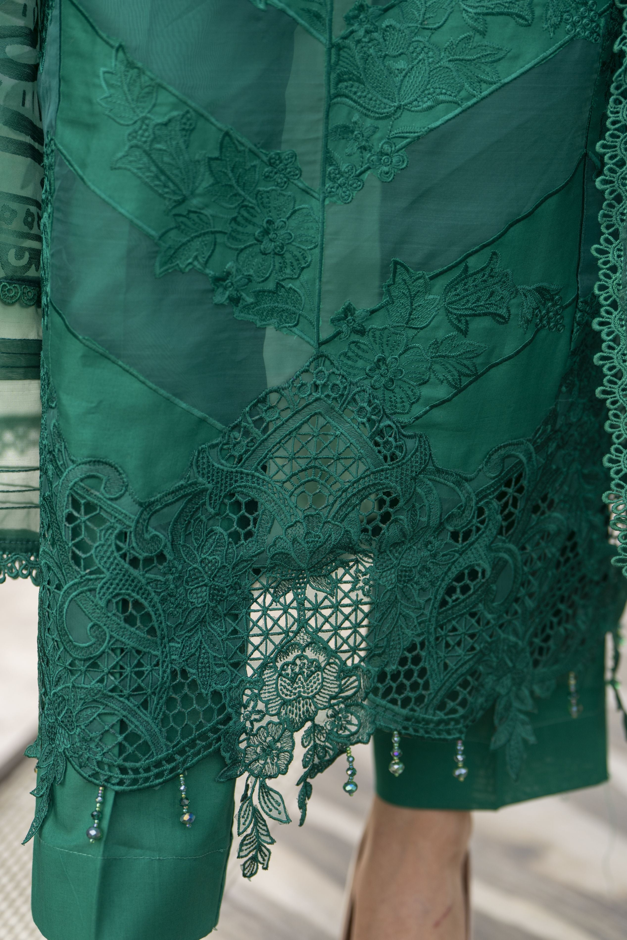 Raabtaa – A Silver Affair | Emerald Green Cutwork Women Designer Dress SRS06