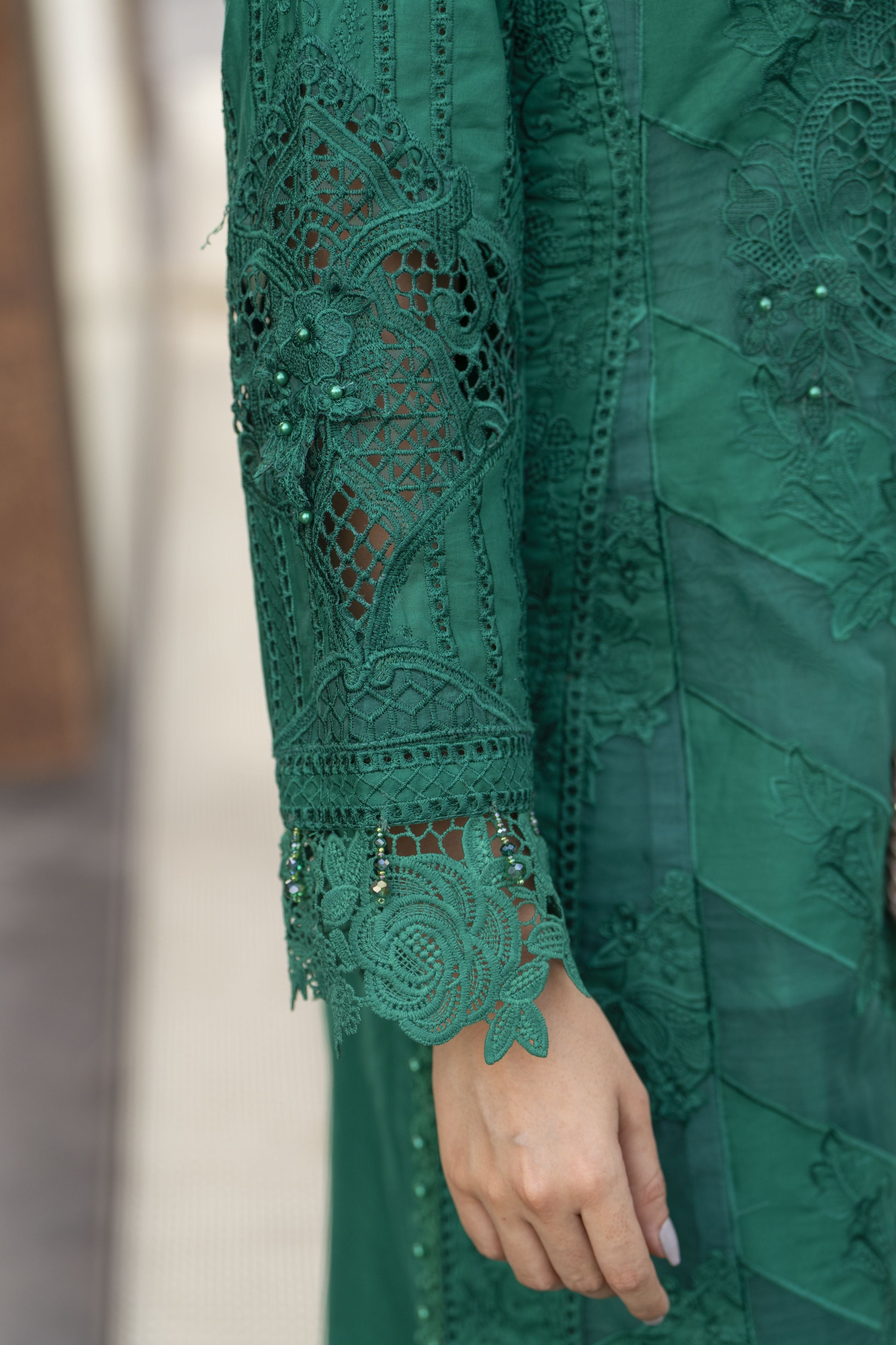 Raabtaa – A Silver Affair | Emerald Green Cutwork Women Designer Dress SRS06